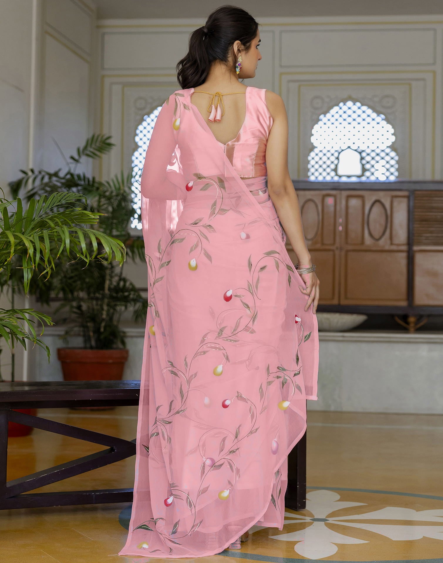 Peach Georgette Foil Printed Saree