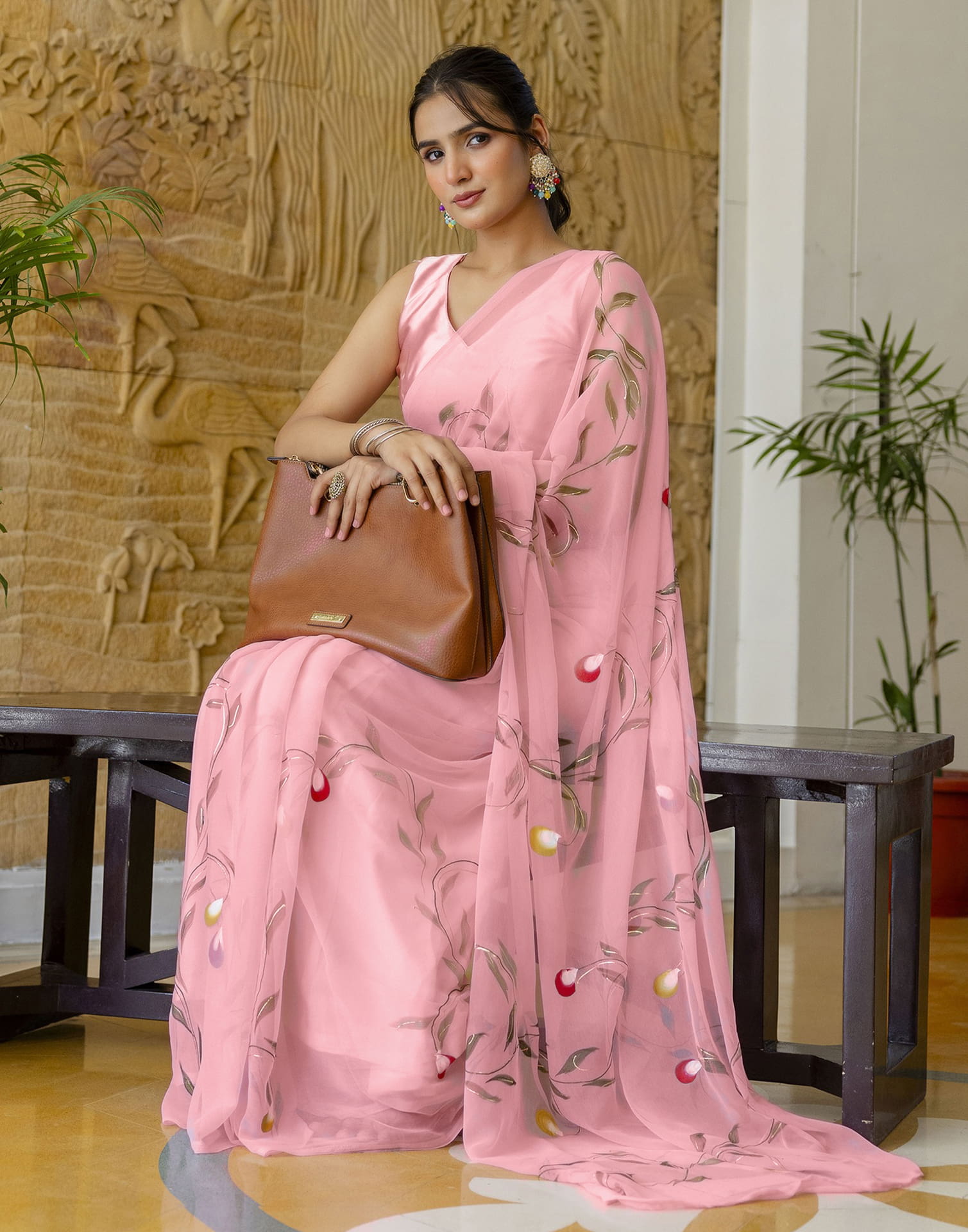 Peach Georgette Foil Printed Saree