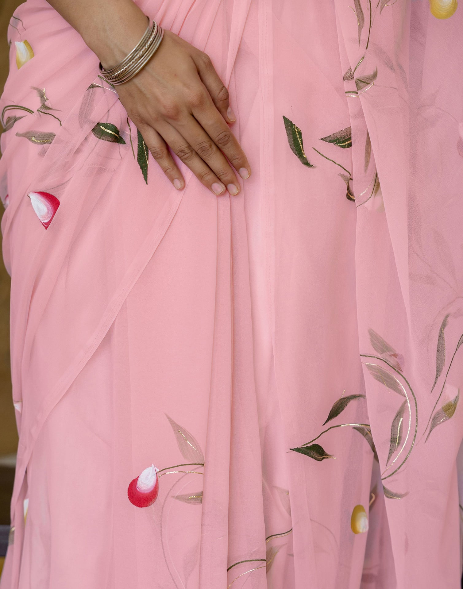 Peach Georgette Foil Printed Saree