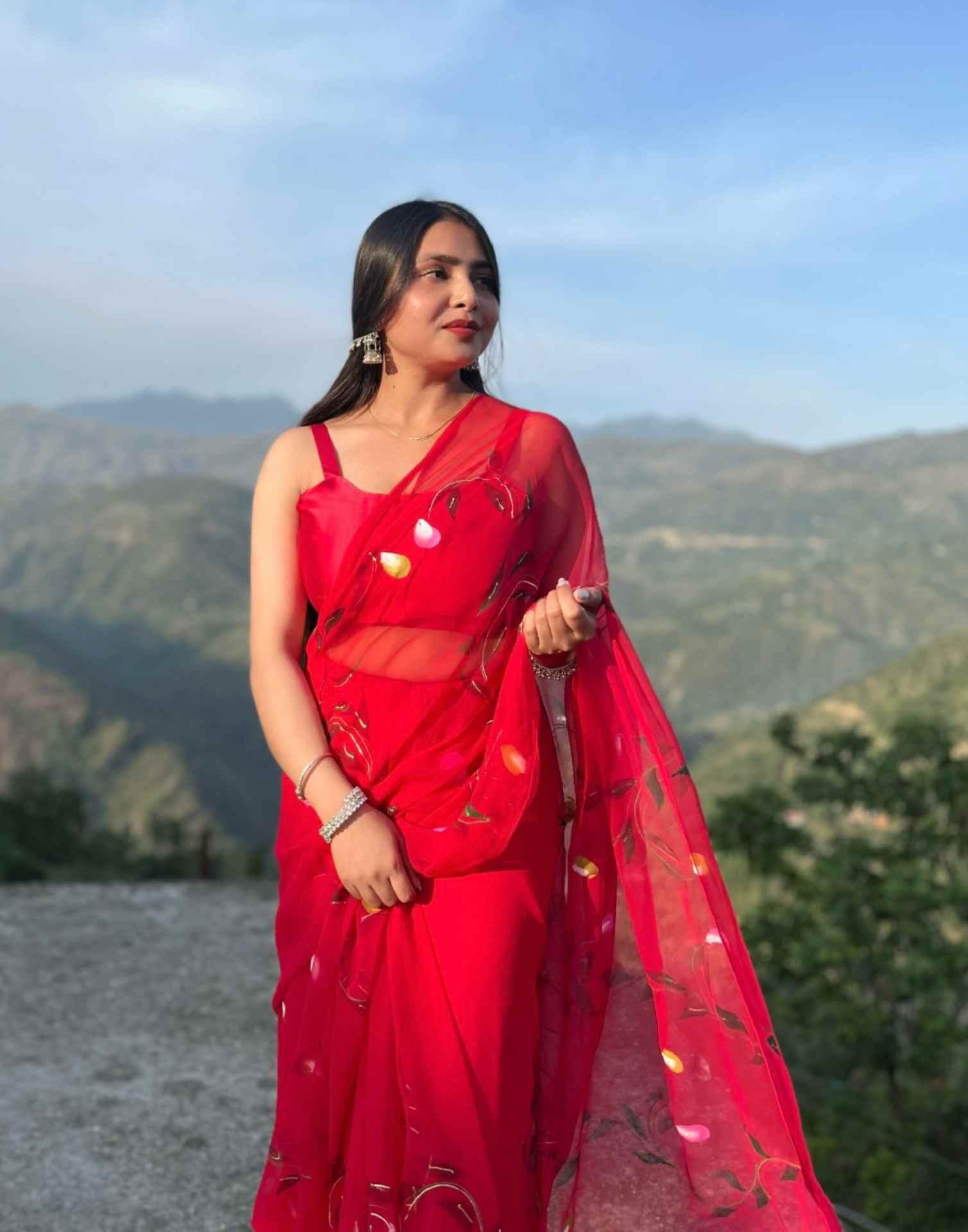 Cherry Red Georgette Foil Printed Saree