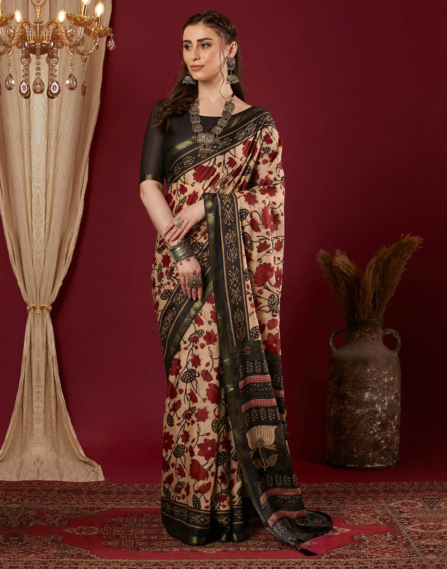 Black Pure Cotton Floral Printed Saree