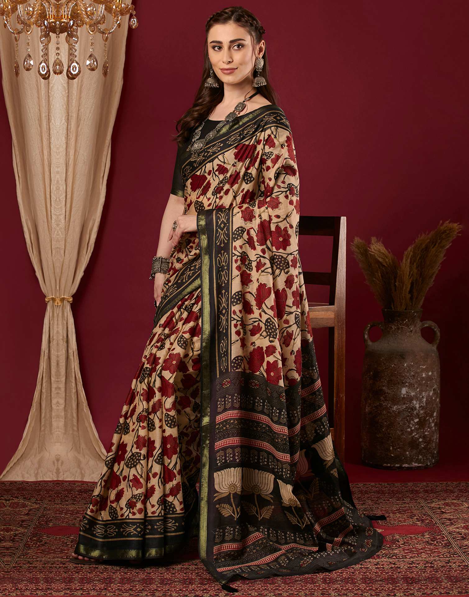 Black Pure Cotton Floral Printed Saree