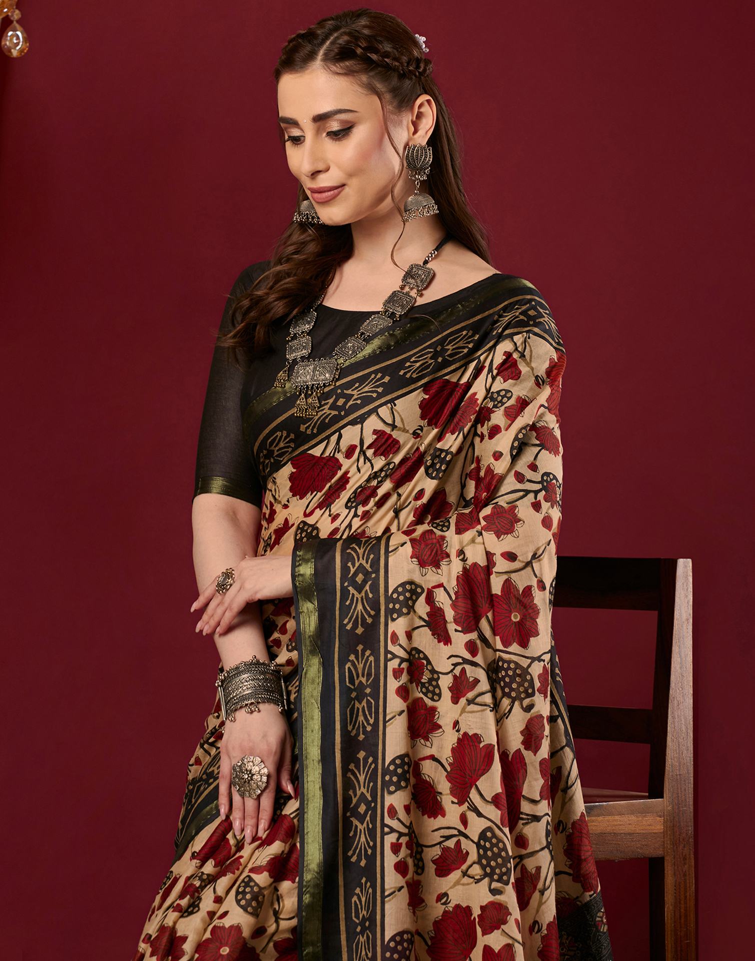 Black Pure Cotton Floral Printed Saree