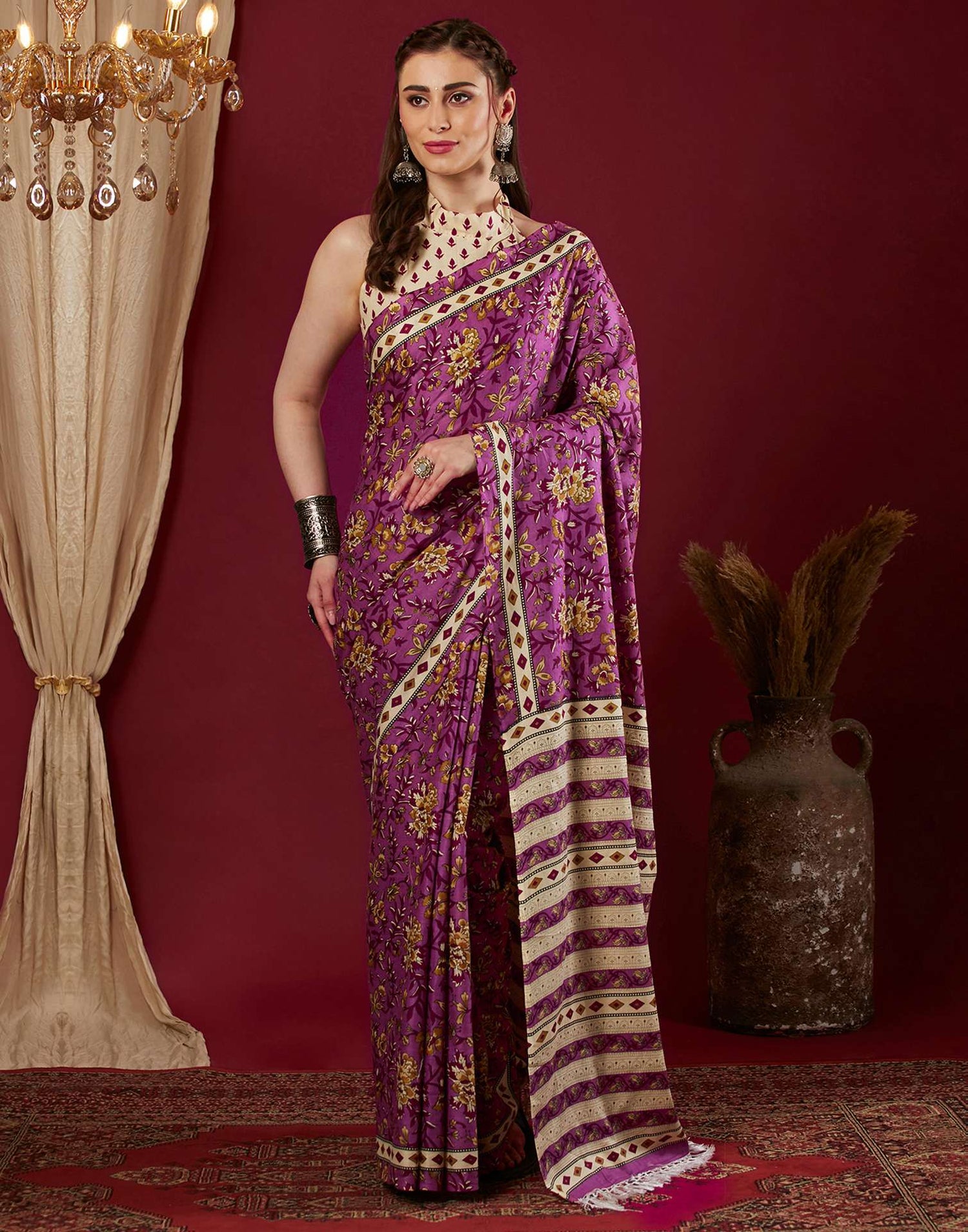 Pink Pure Cotton Floral Printed Saree