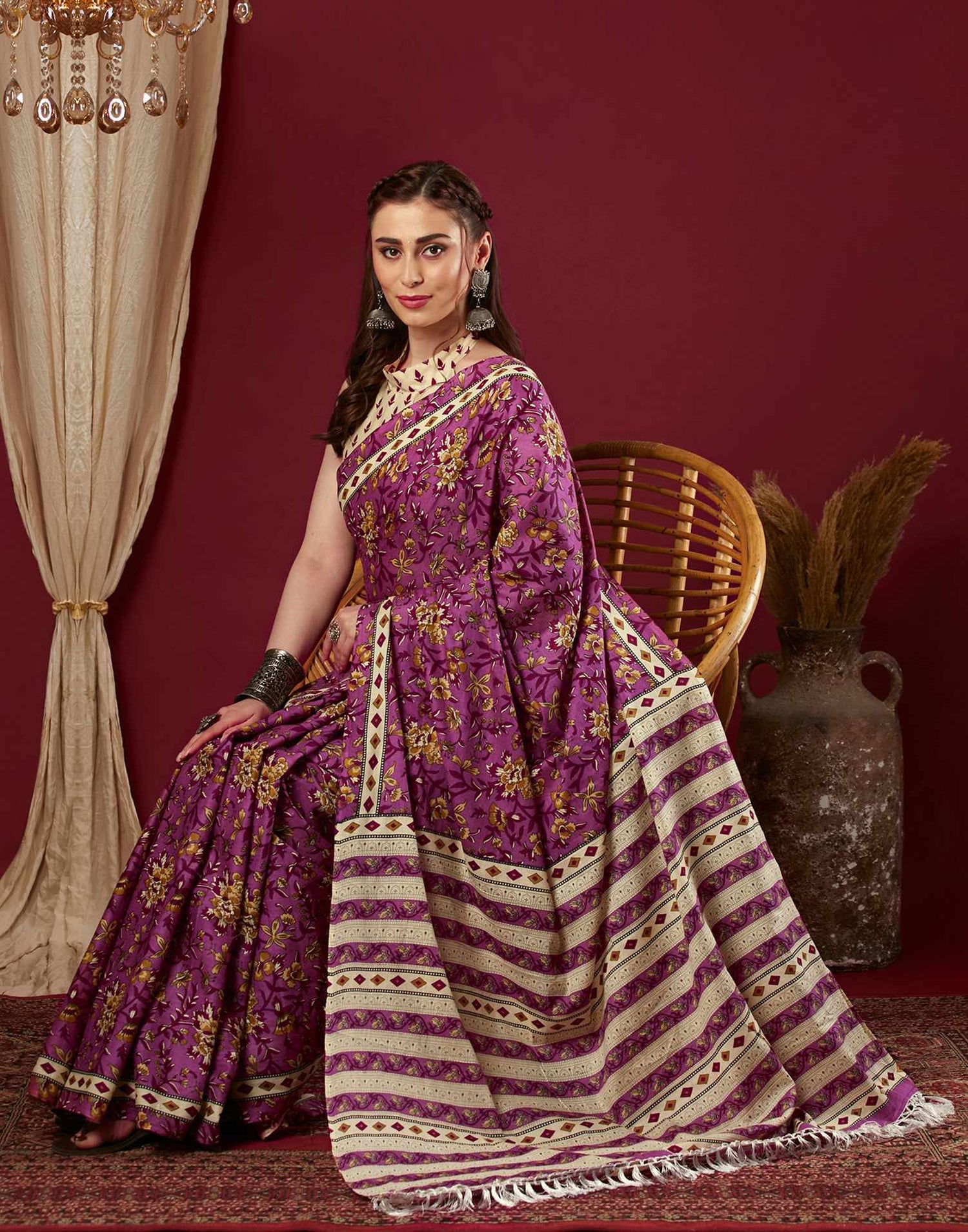 Pink Pure Cotton Floral Printed Saree