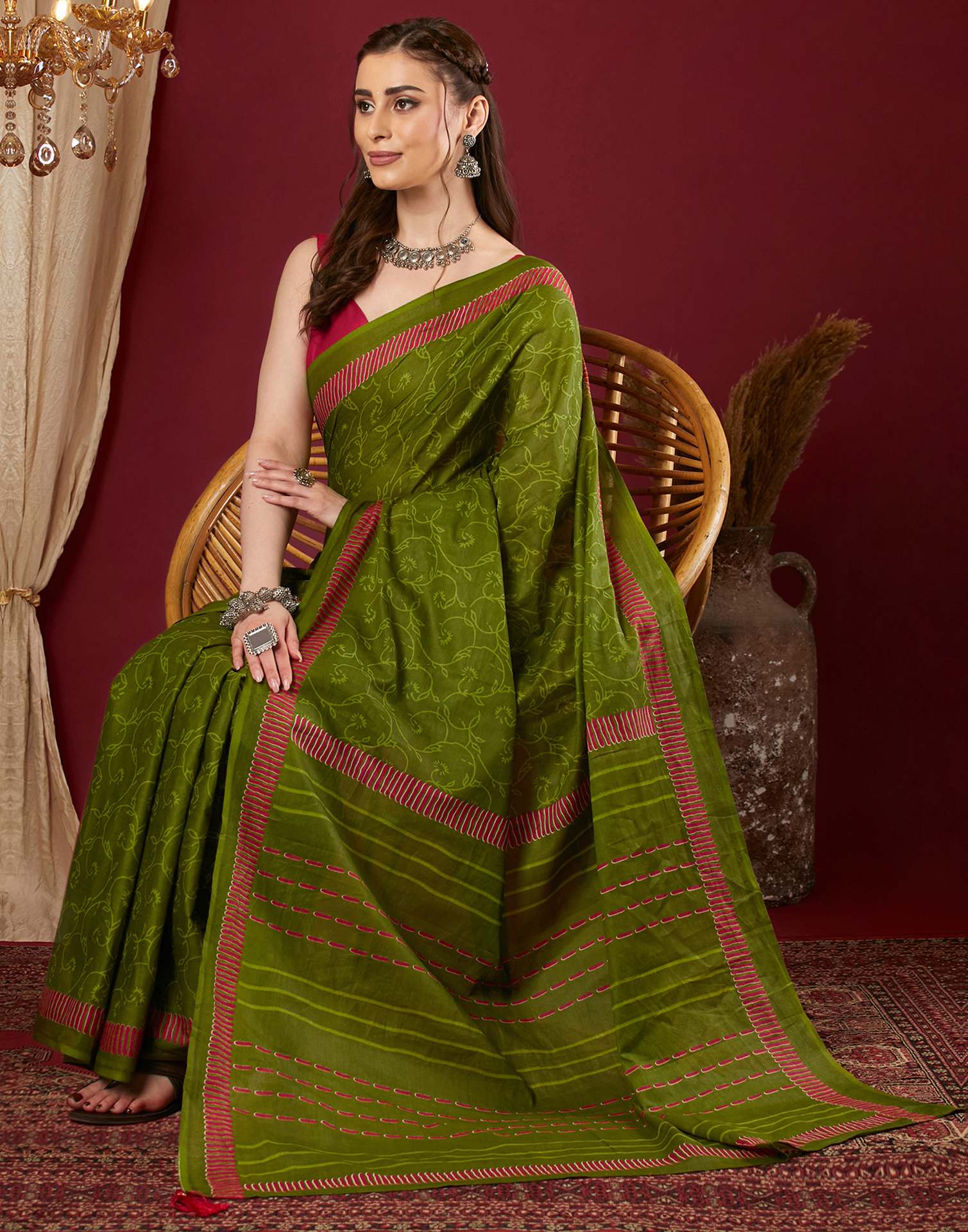 Green Pure Cotton Printed Saree