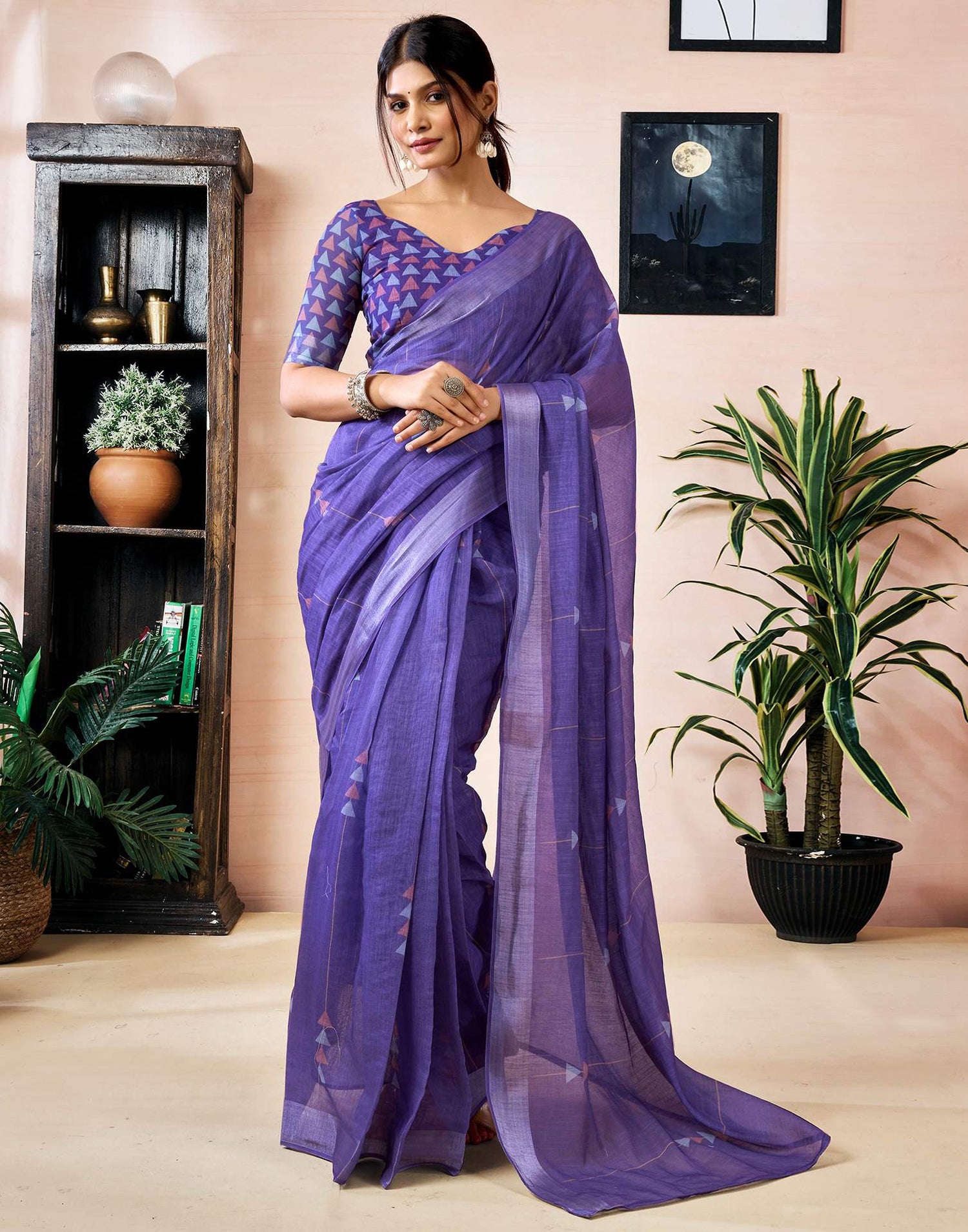 Ready to Wear Purple Linen Printed Saree