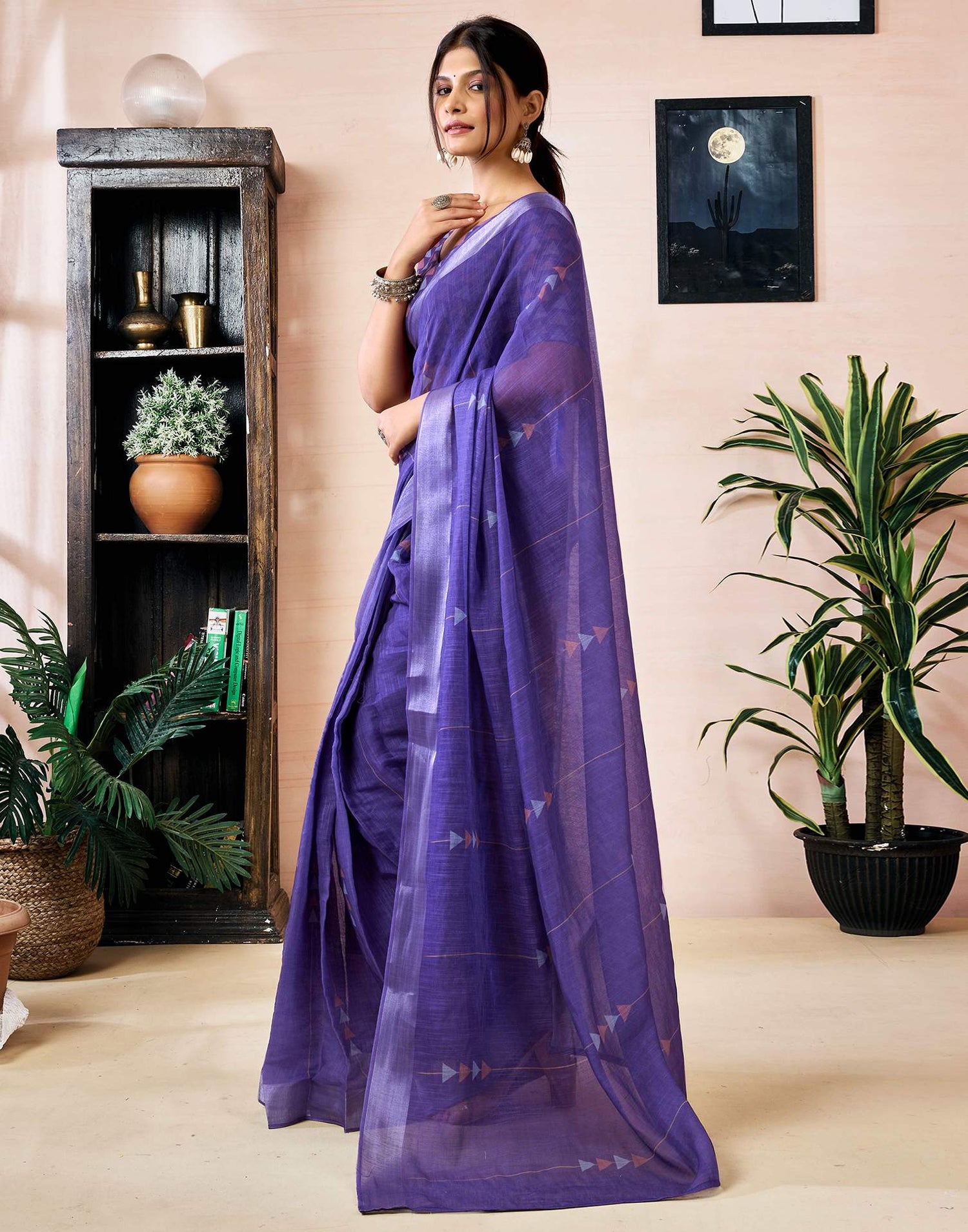 Ready to Wear Purple Linen Printed Saree