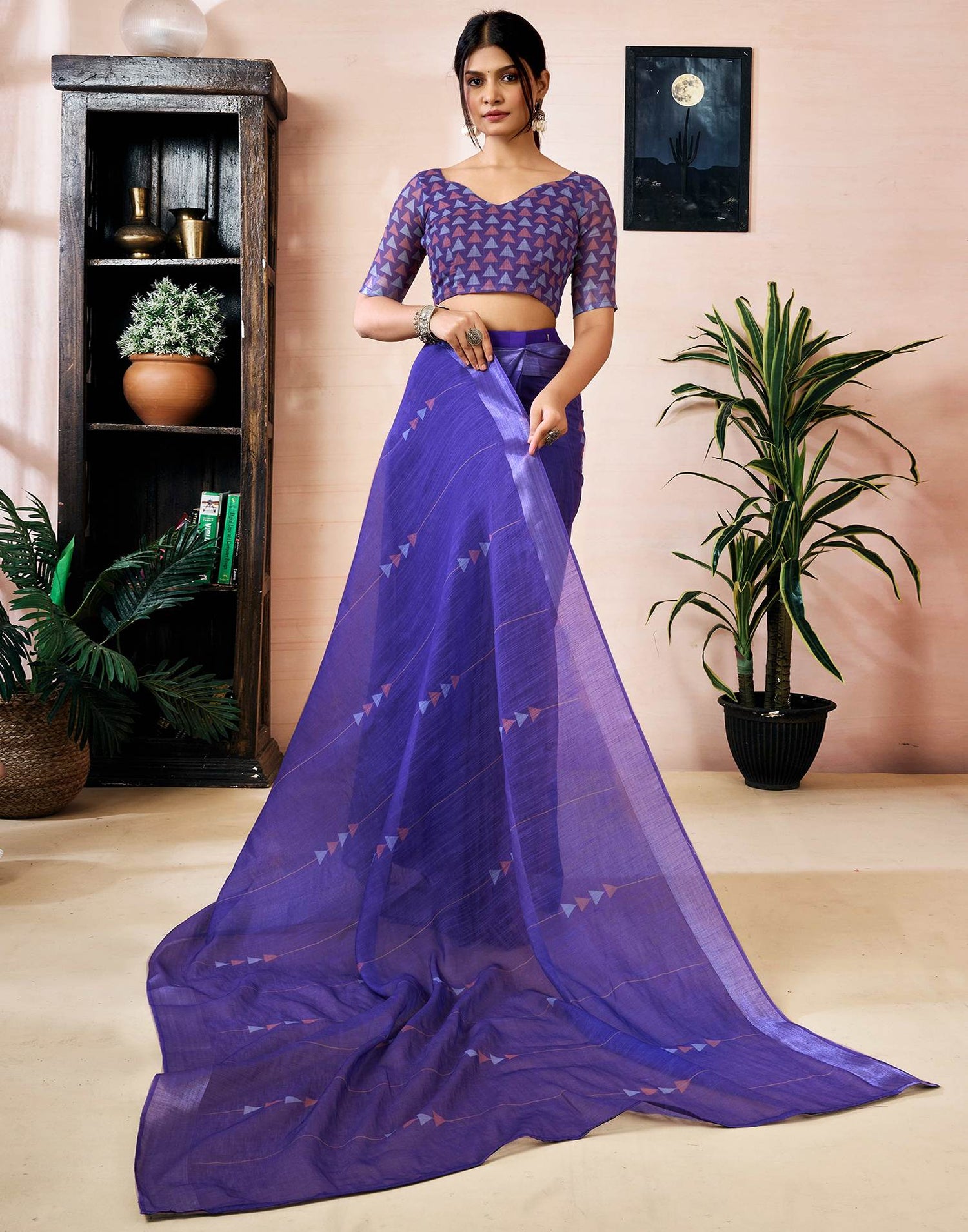 Ready to Wear Purple Linen Printed Saree
