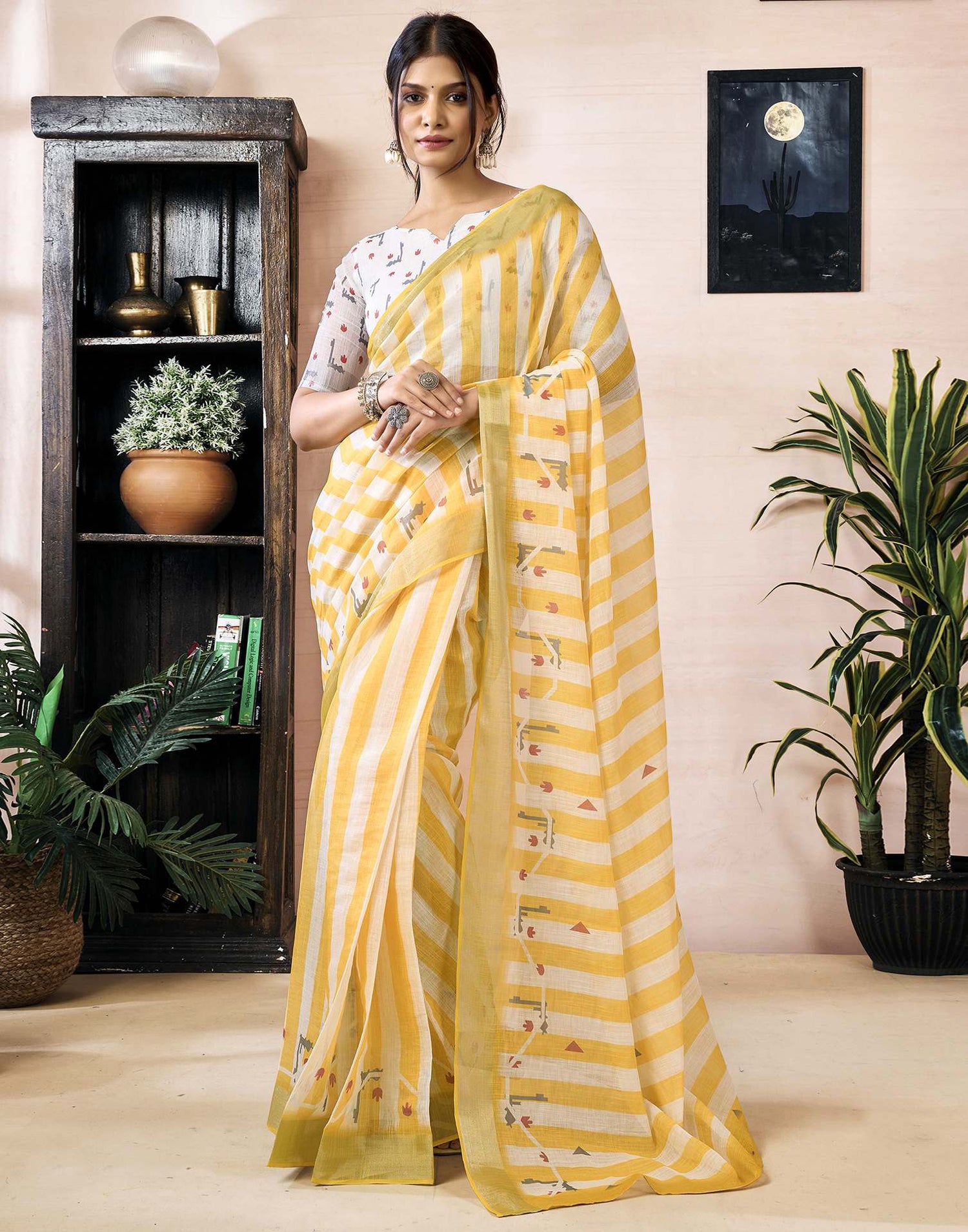 Ready to Wear Yellow Linen Printed Saree