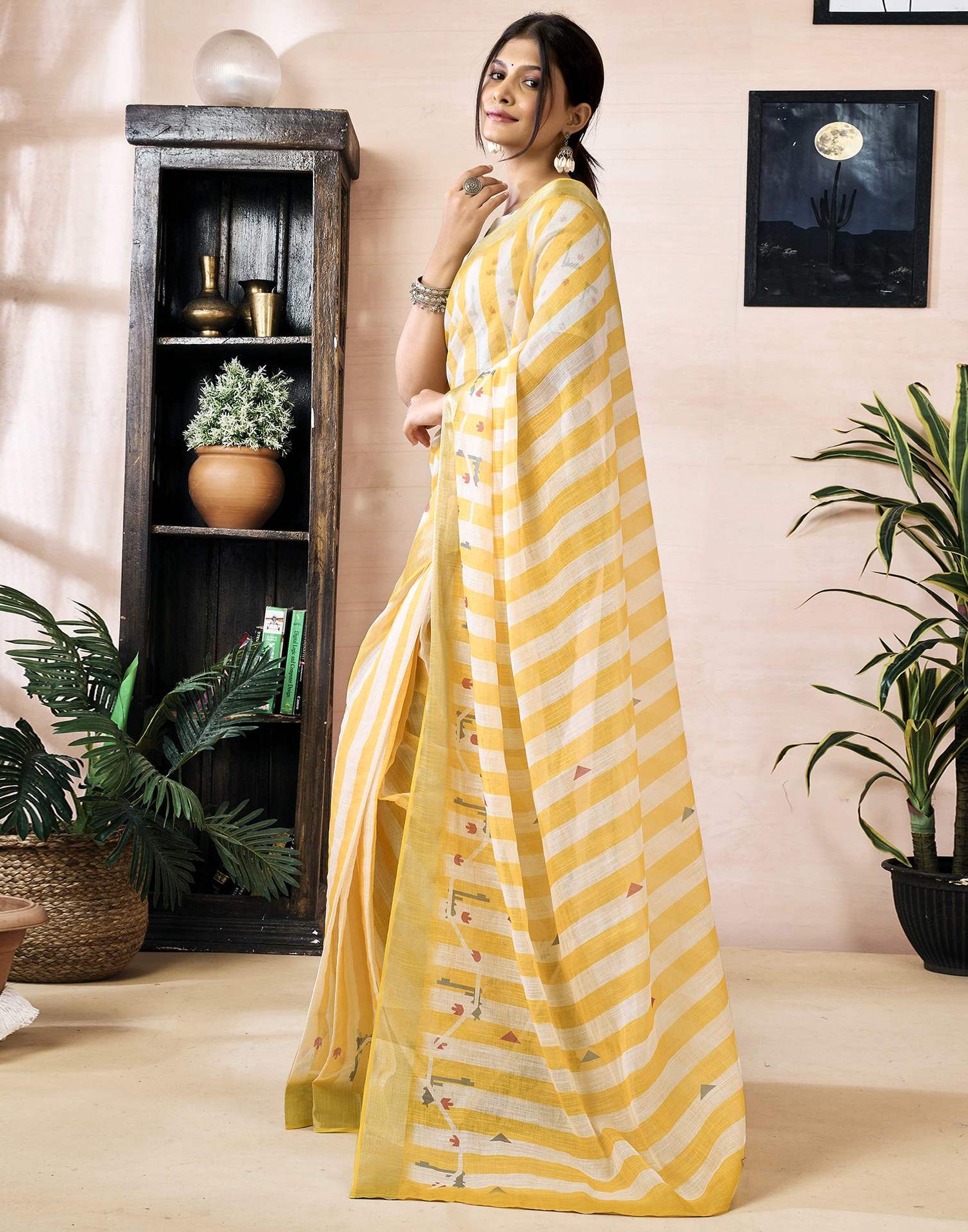 Ready to Wear Yellow Linen Printed Saree