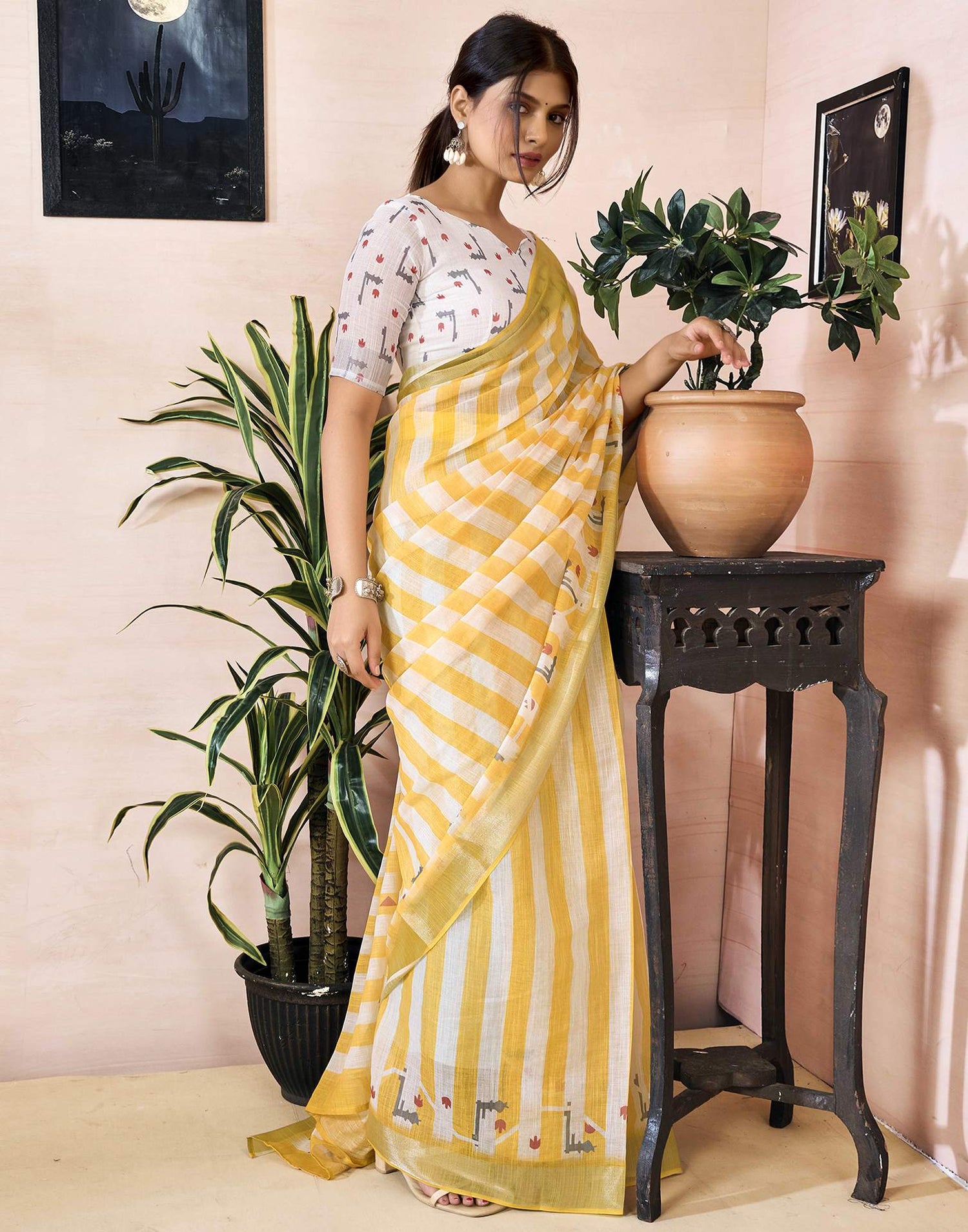 Ready to Wear Yellow Linen Printed Saree