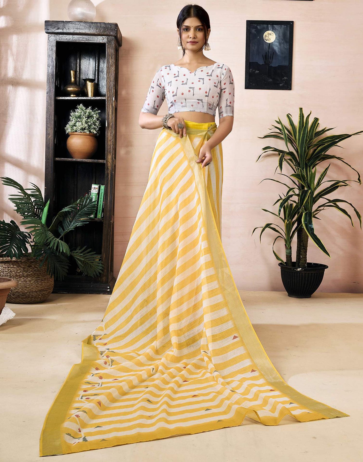 Ready to Wear Yellow Linen Printed Saree