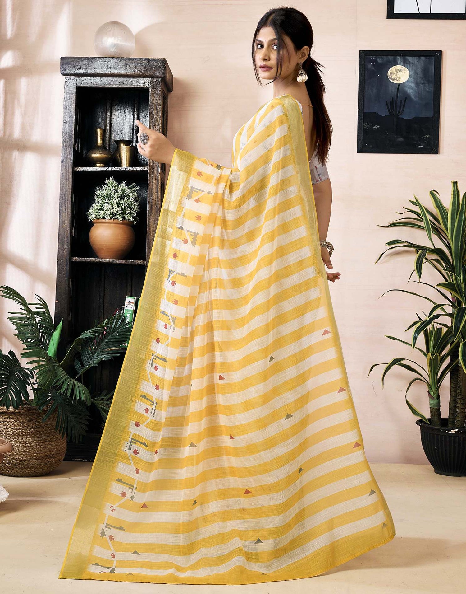 Ready to Wear Yellow Linen Printed Saree