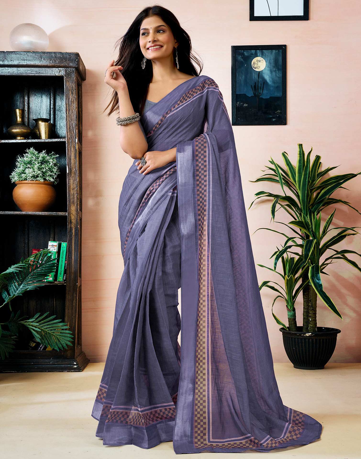 Ready to Wear Dusty Purple Linen Printed Saree