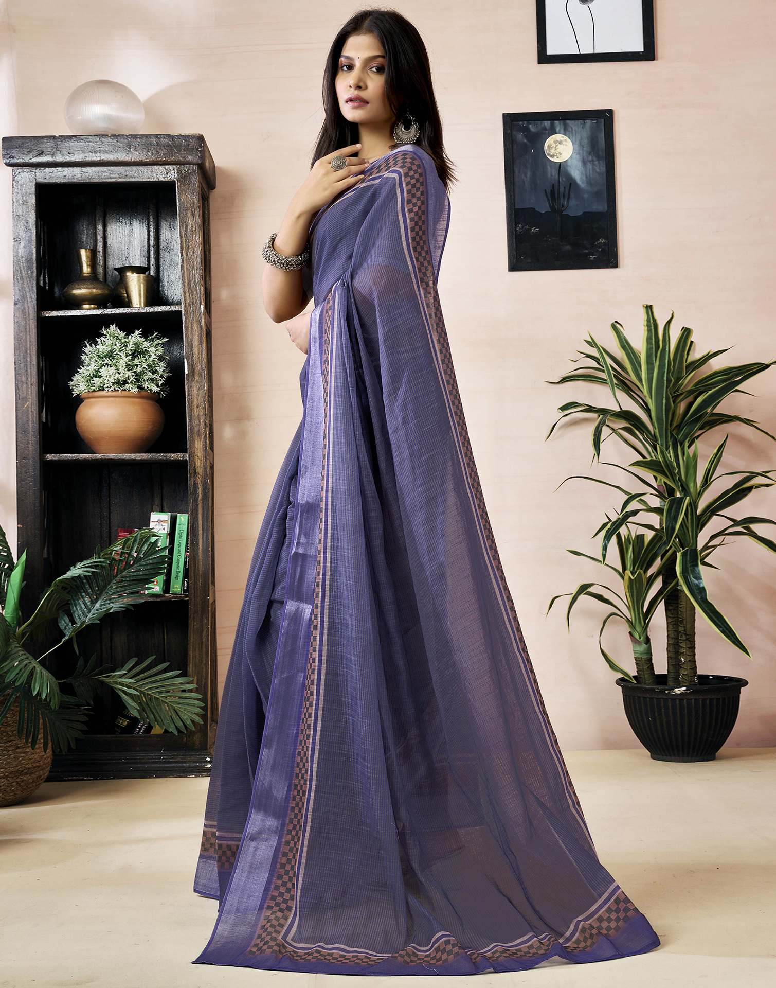 Ready to Wear Dusty Purple Linen Printed Saree