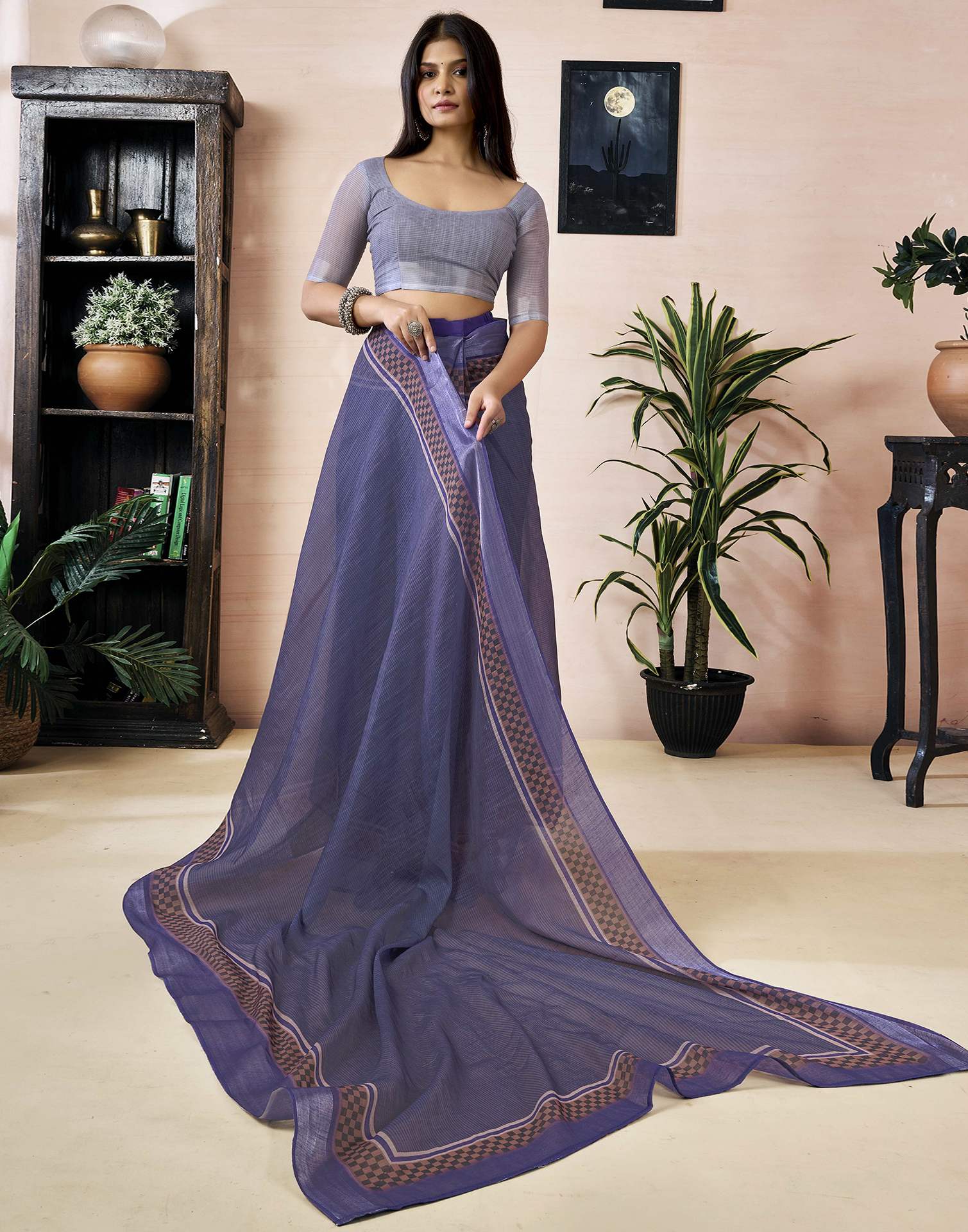 Ready to Wear Dusty Purple Linen Printed Saree