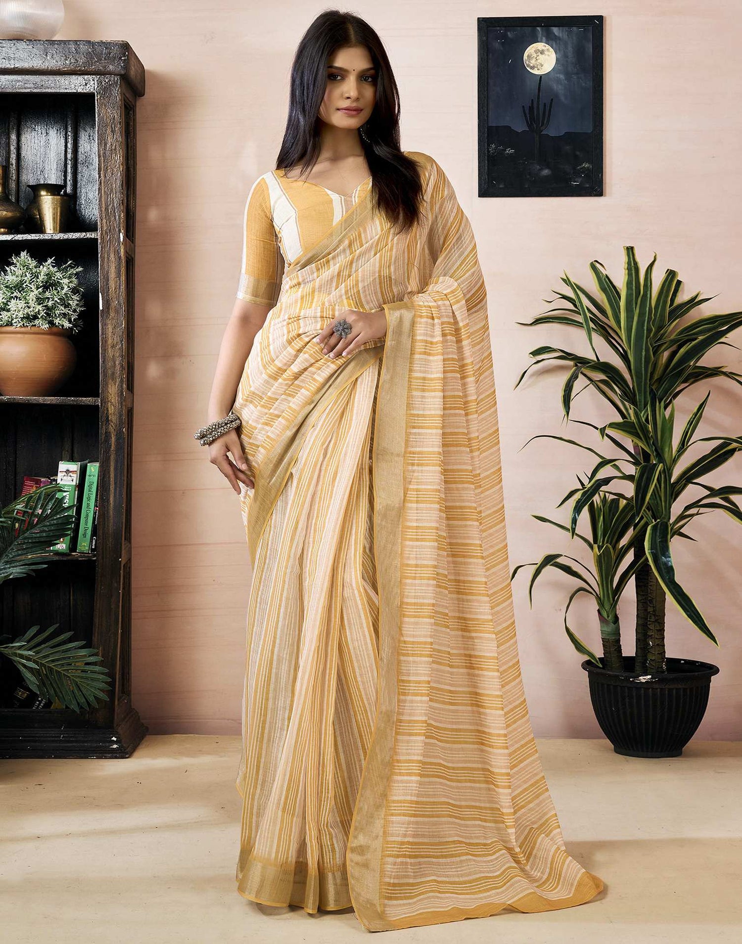 Ready to Wear Yellow Linen Printed Saree