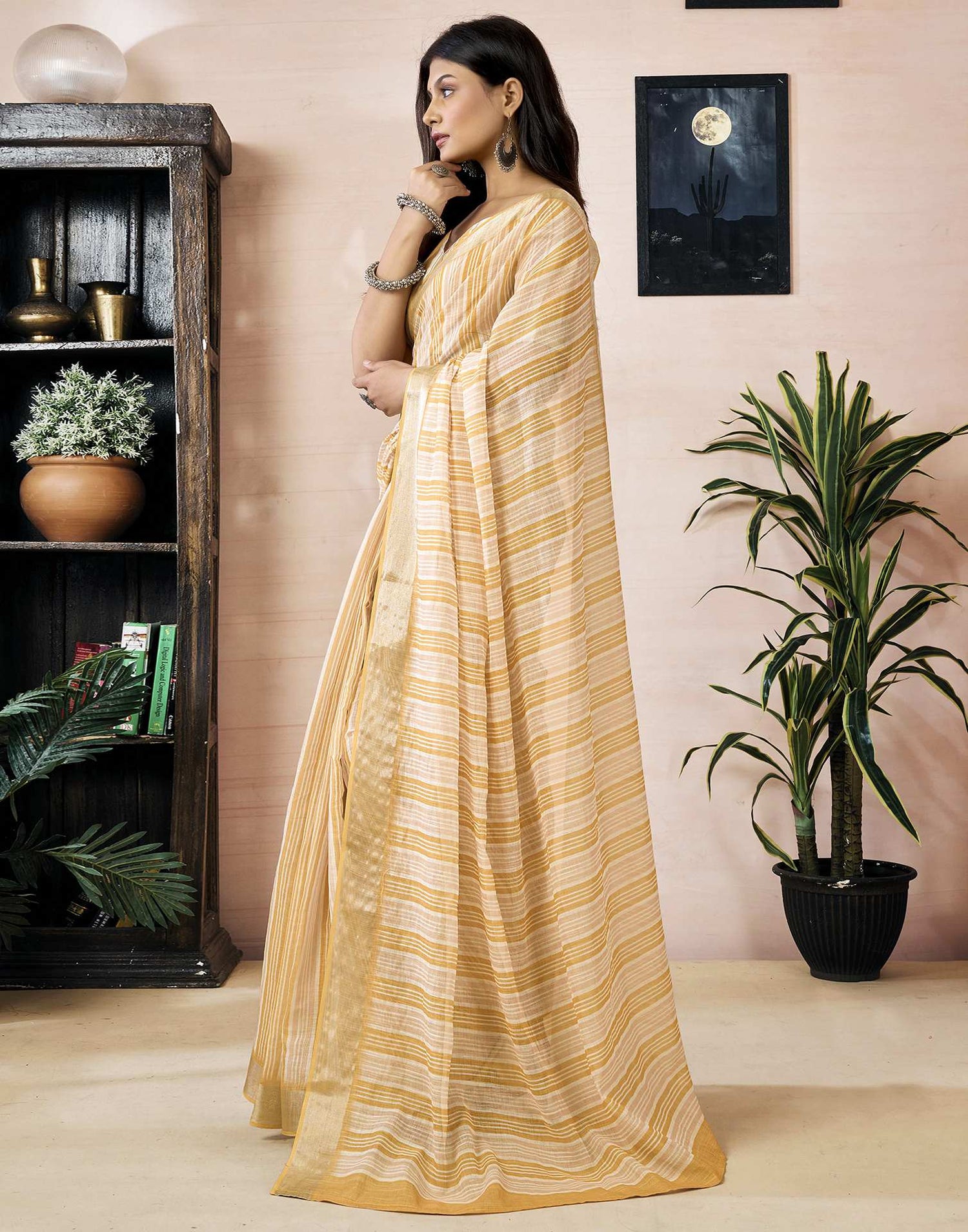 Ready to Wear Yellow Linen Printed Saree
