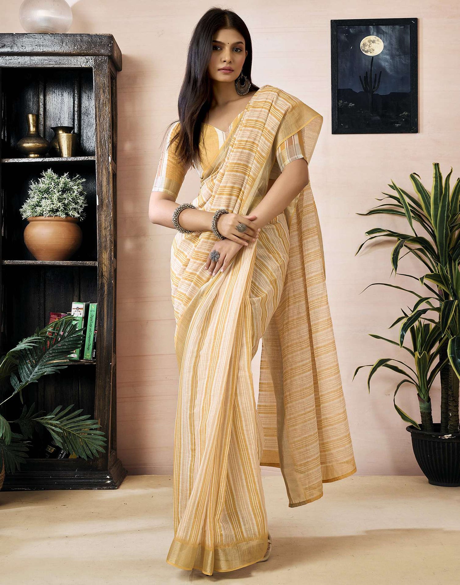 Ready to Wear Yellow Linen Printed Saree