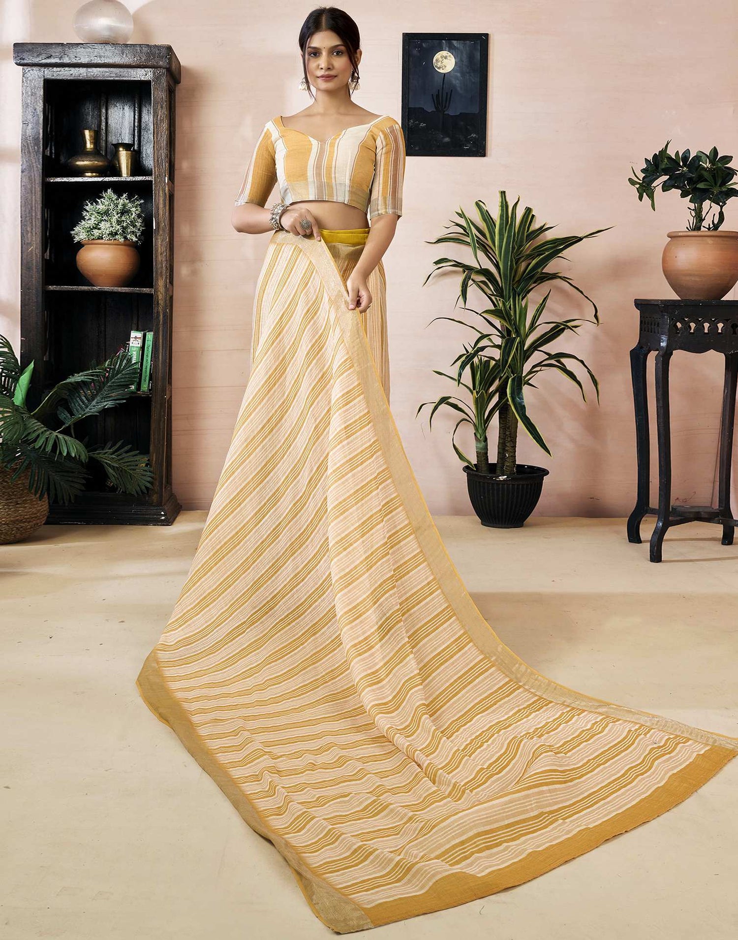 Ready to Wear Yellow Linen Printed Saree