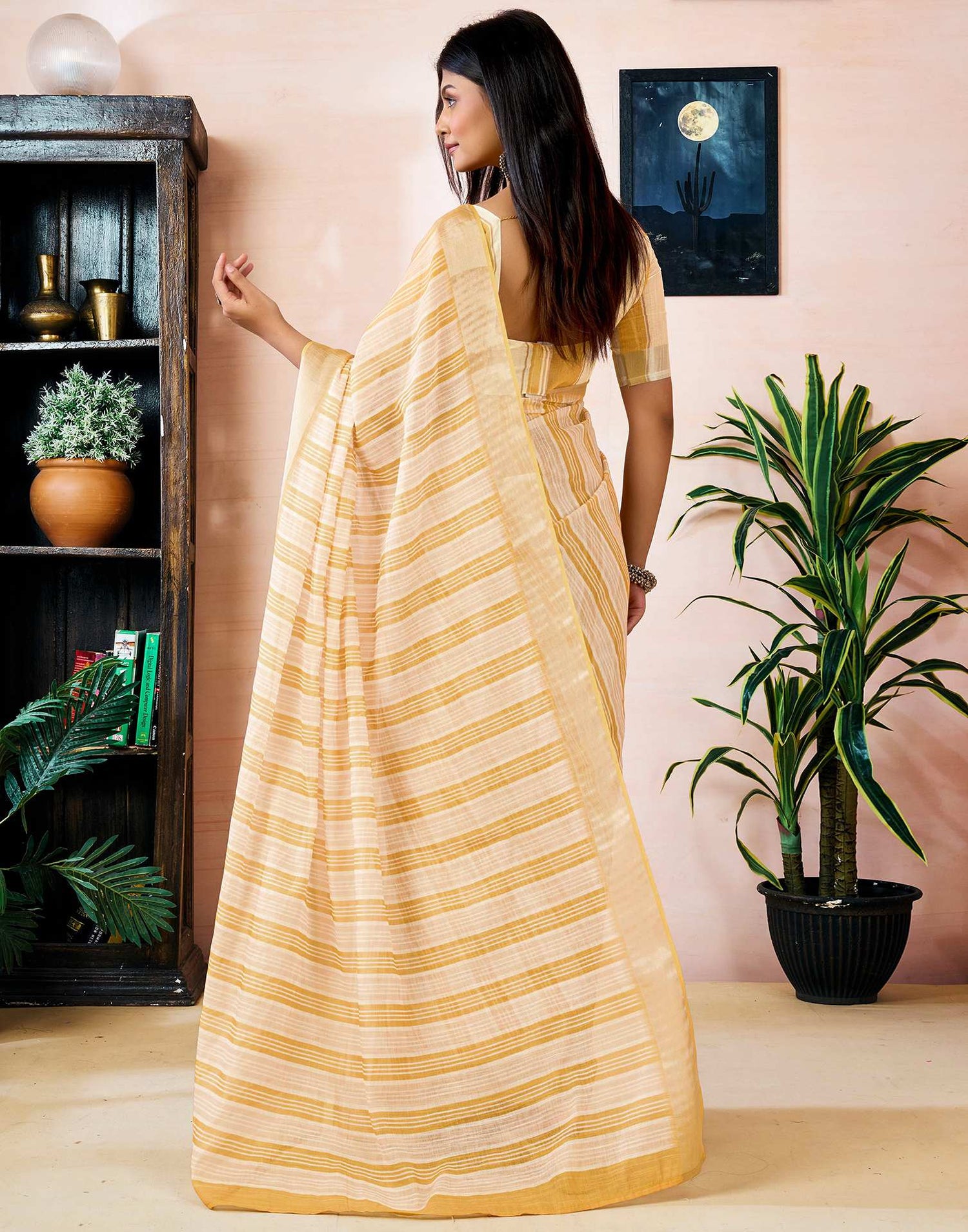 Ready to Wear Yellow Linen Printed Saree