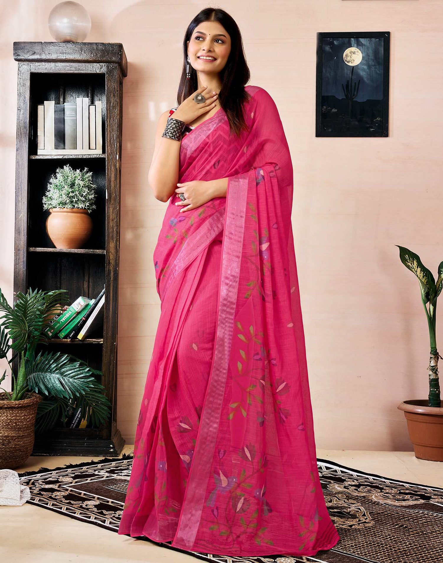 Ready to Wear Dark Pink Linen Floral Printed Saree