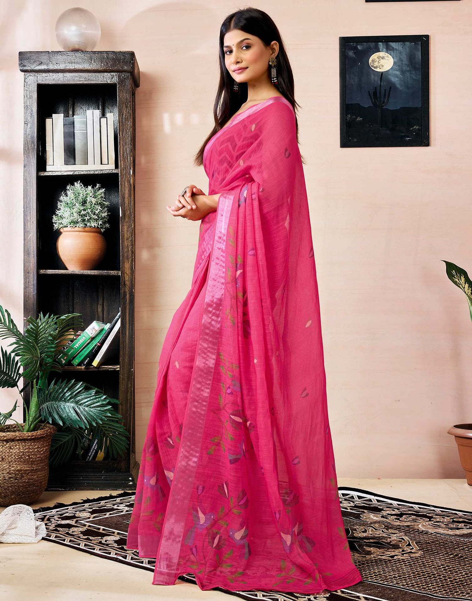 Ready to Wear Dark Pink Linen Floral Printed Saree