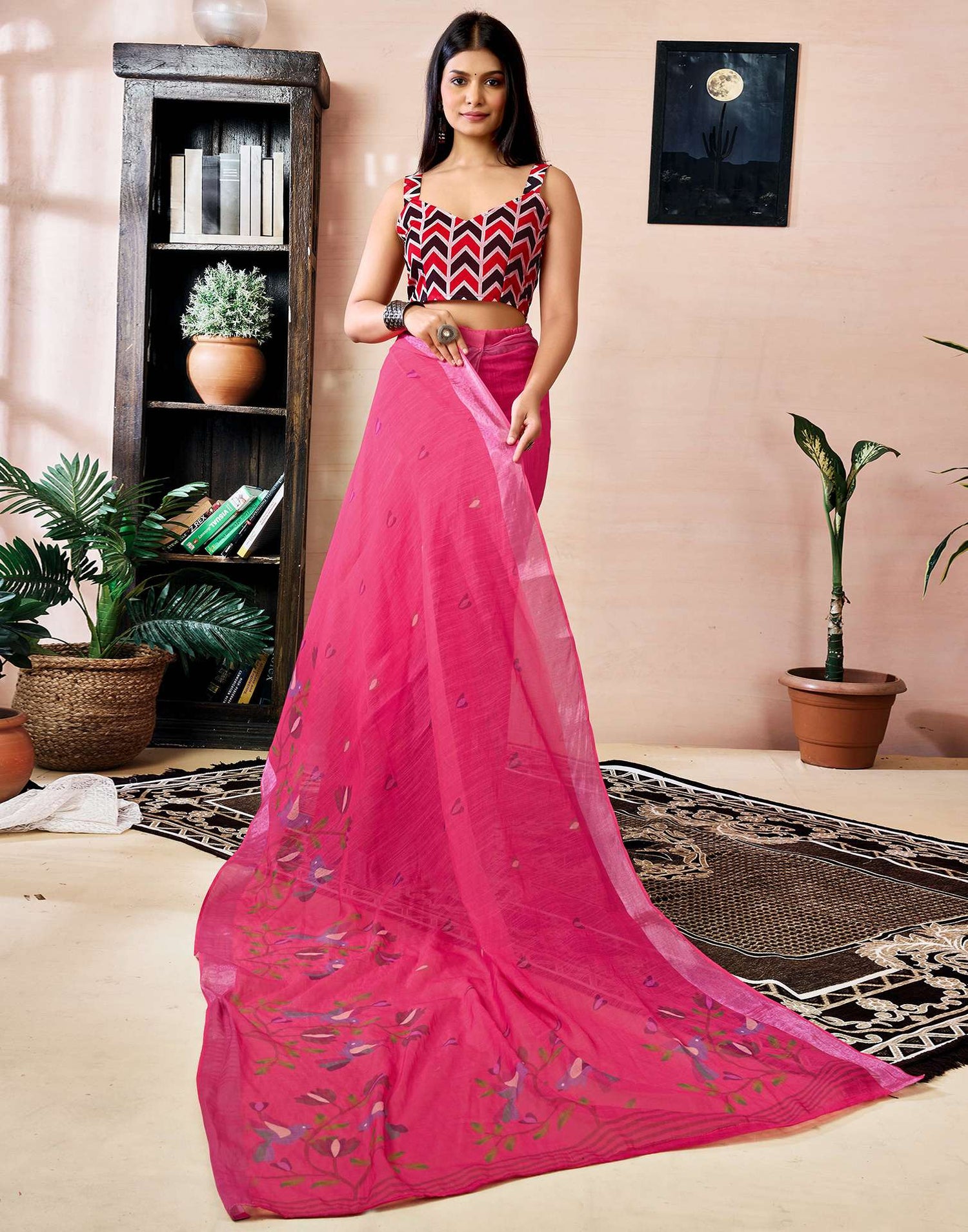 Ready to Wear Dark Pink Linen Floral Printed Saree