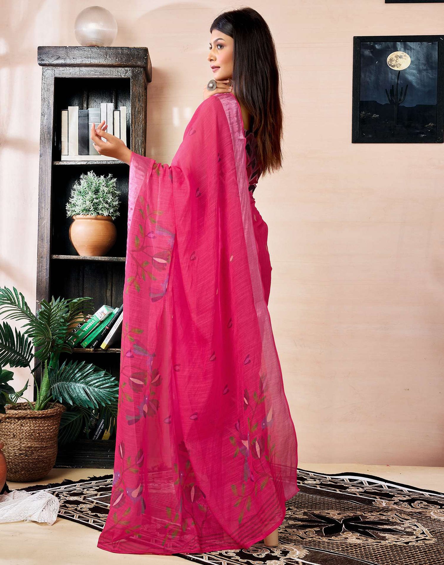 Ready to Wear Dark Pink Linen Floral Printed Saree