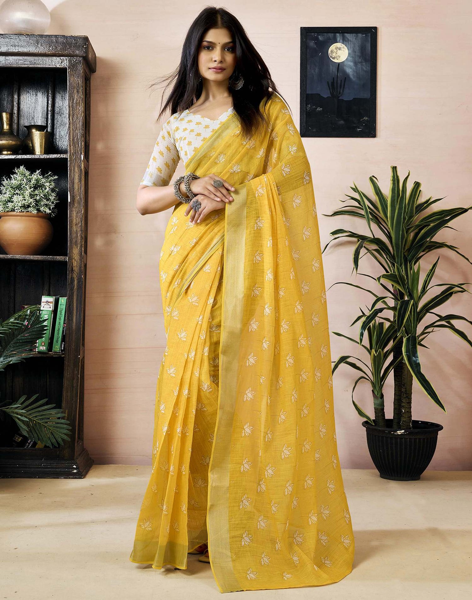 Ready to Wear Yellow Linen Printed Saree