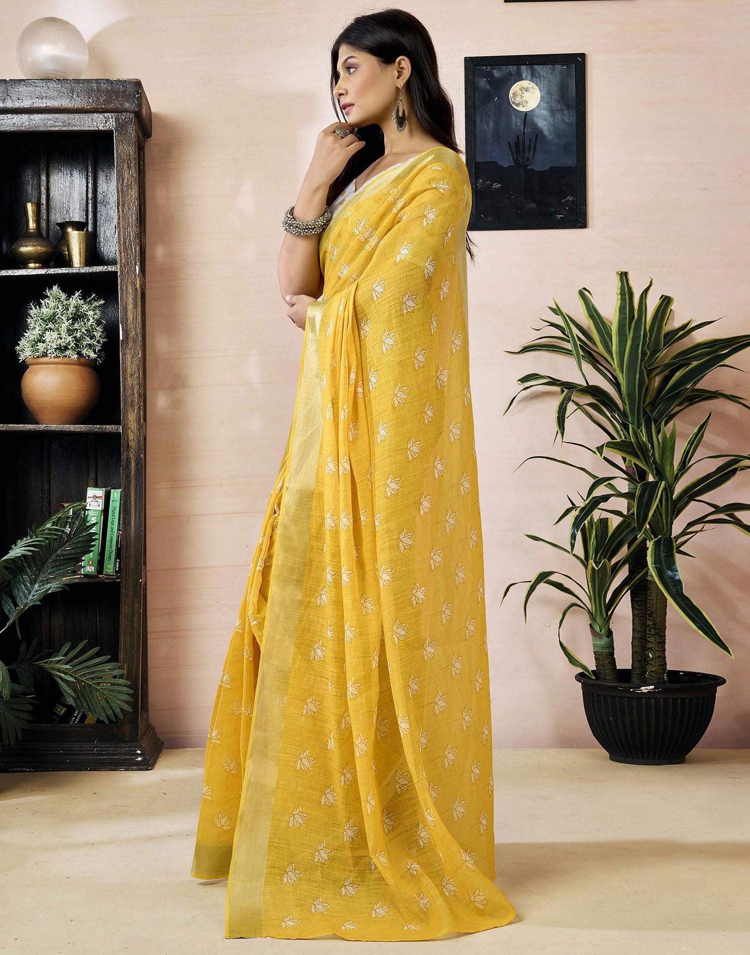 Ready to Wear Yellow Linen Printed Saree
