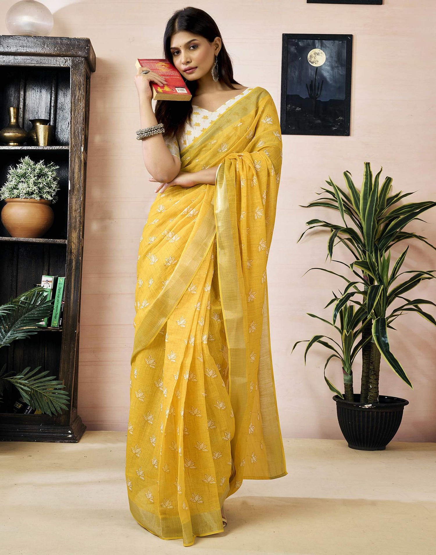Ready to Wear Yellow Linen Printed Saree