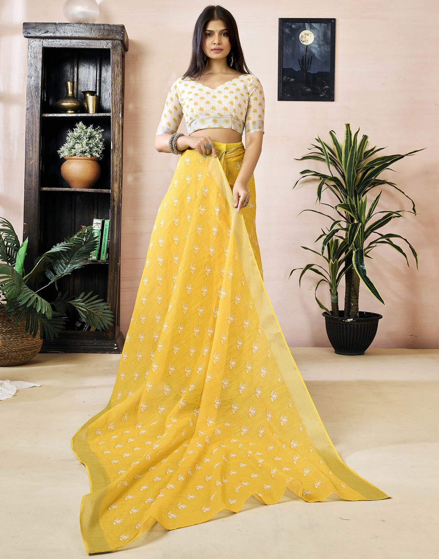 Ready to Wear Yellow Linen Printed Saree