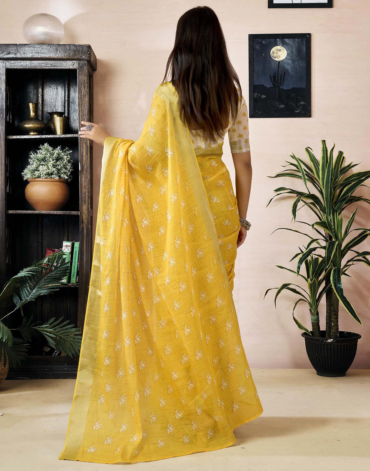 Ready to Wear Yellow Linen Printed Saree
