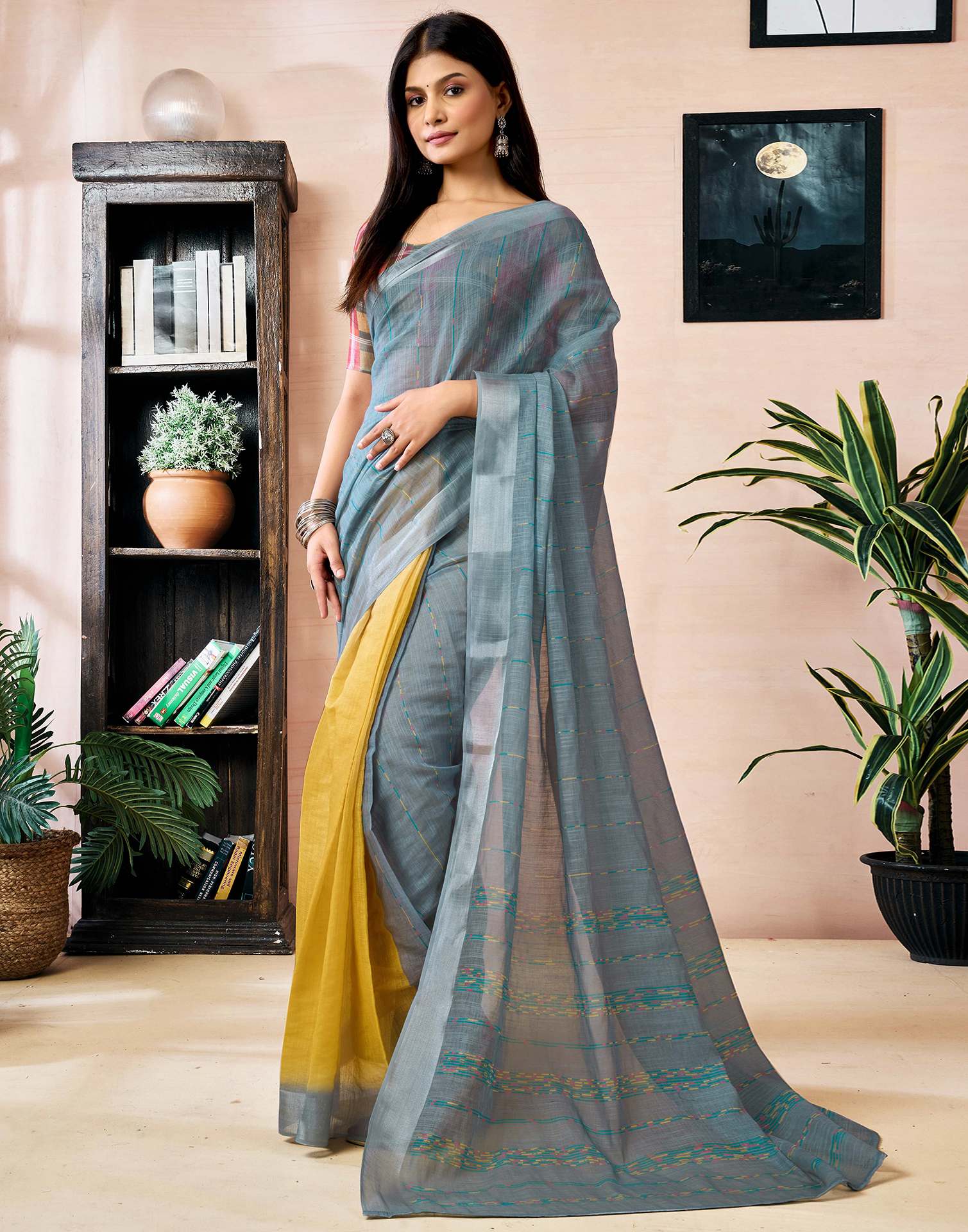 Ready to Wear Grey Linen Printed Saree