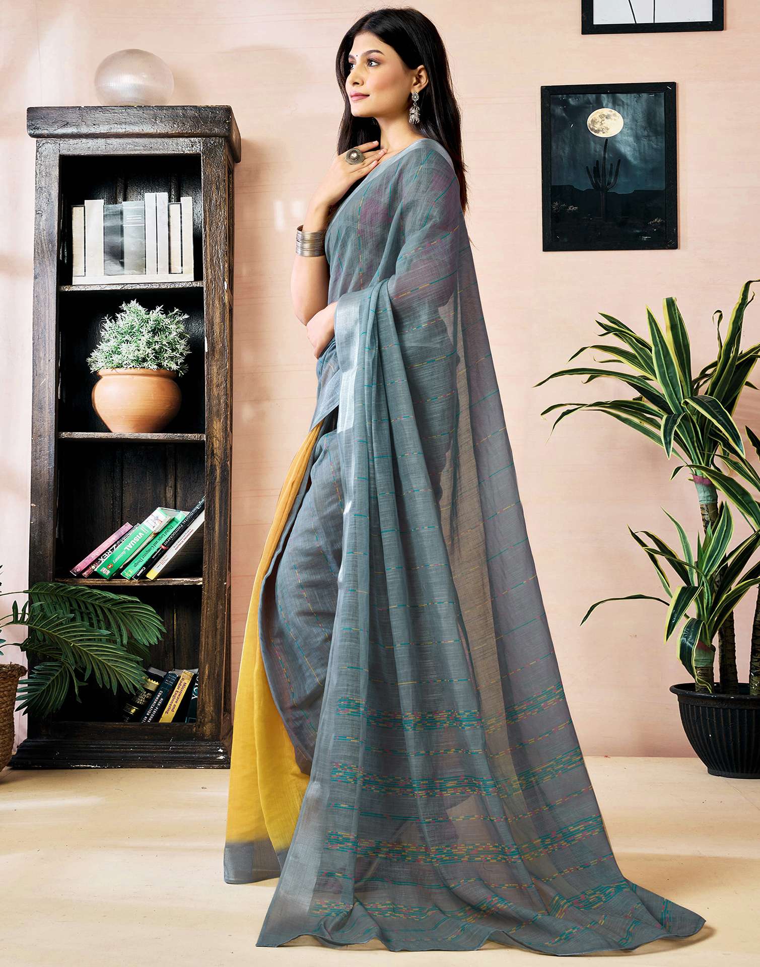 Ready to Wear Grey Linen Printed Saree
