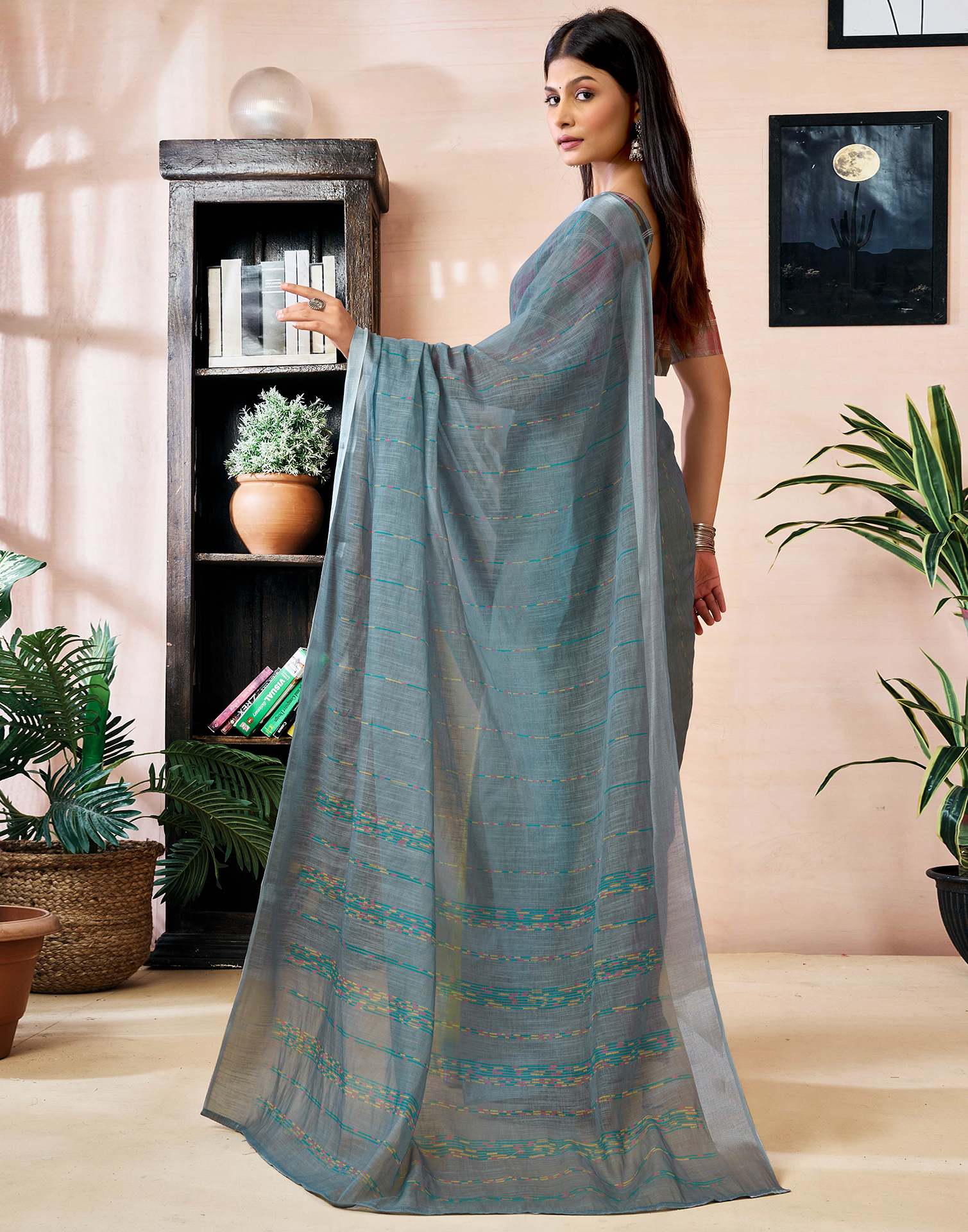Ready to Wear Grey Linen Printed Saree
