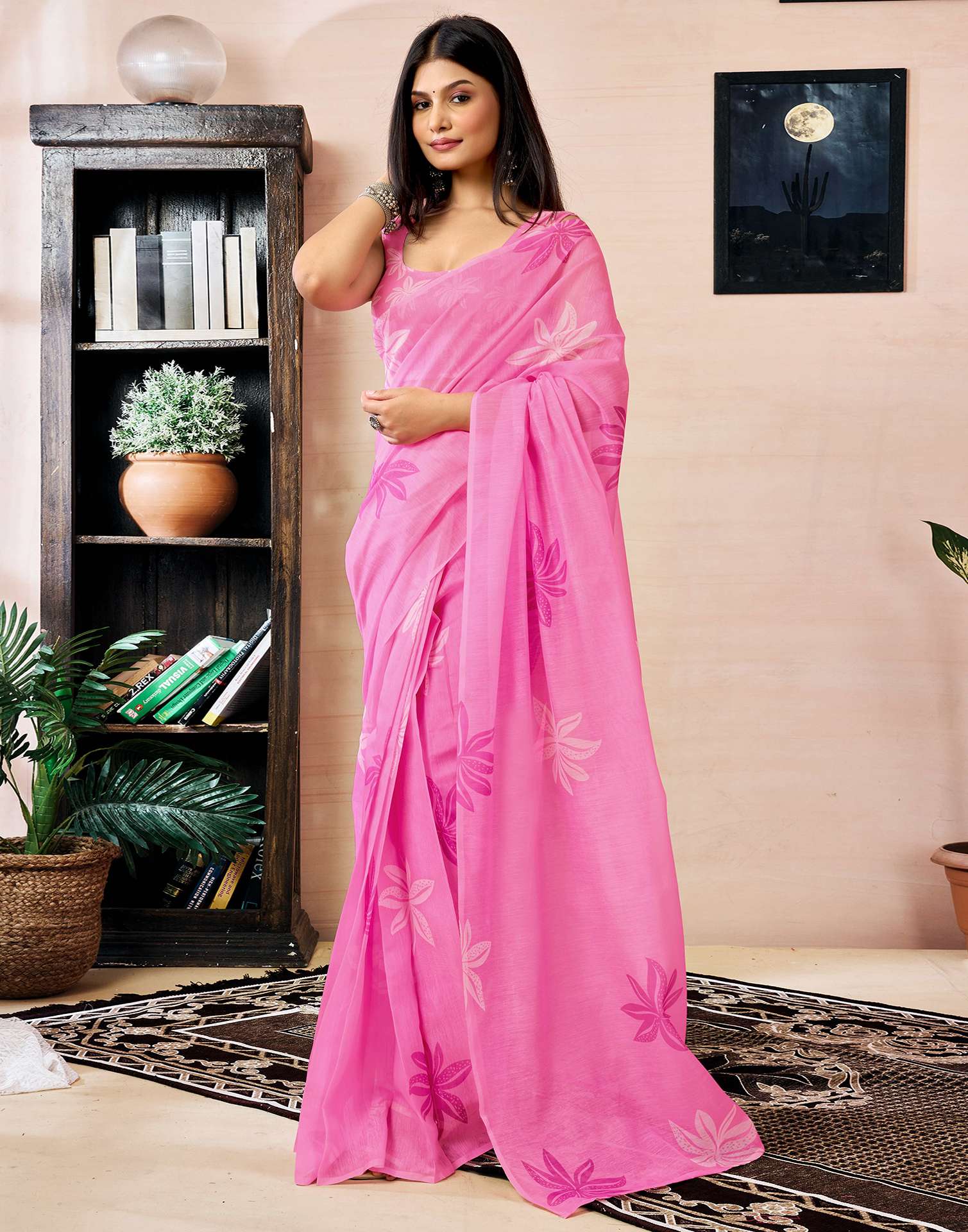 Ready to Wear Pink Chanderi Floral Printed Saree
