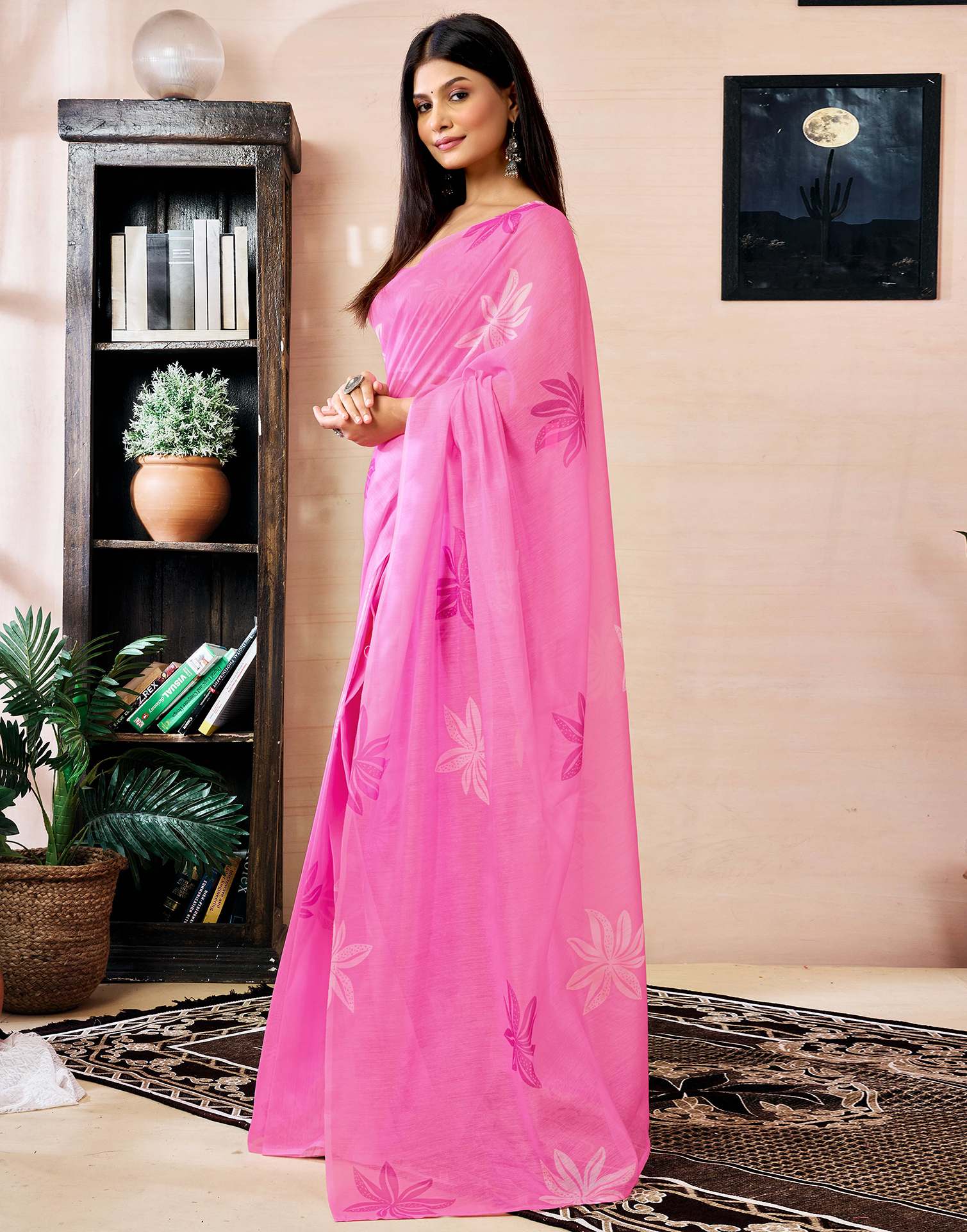 Ready to Wear Pink Chanderi Floral Printed Saree