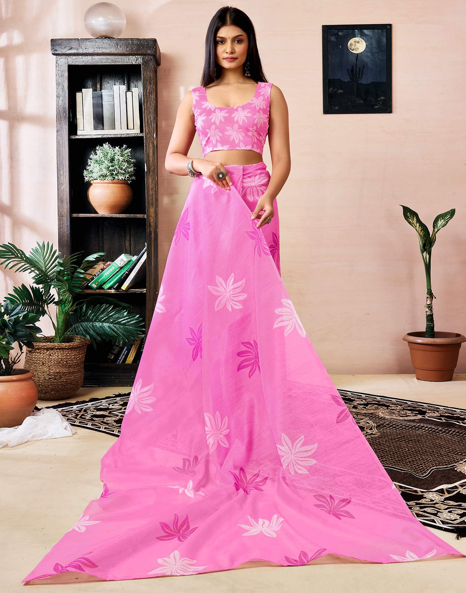 Ready to Wear Pink Chanderi Floral Printed Saree
