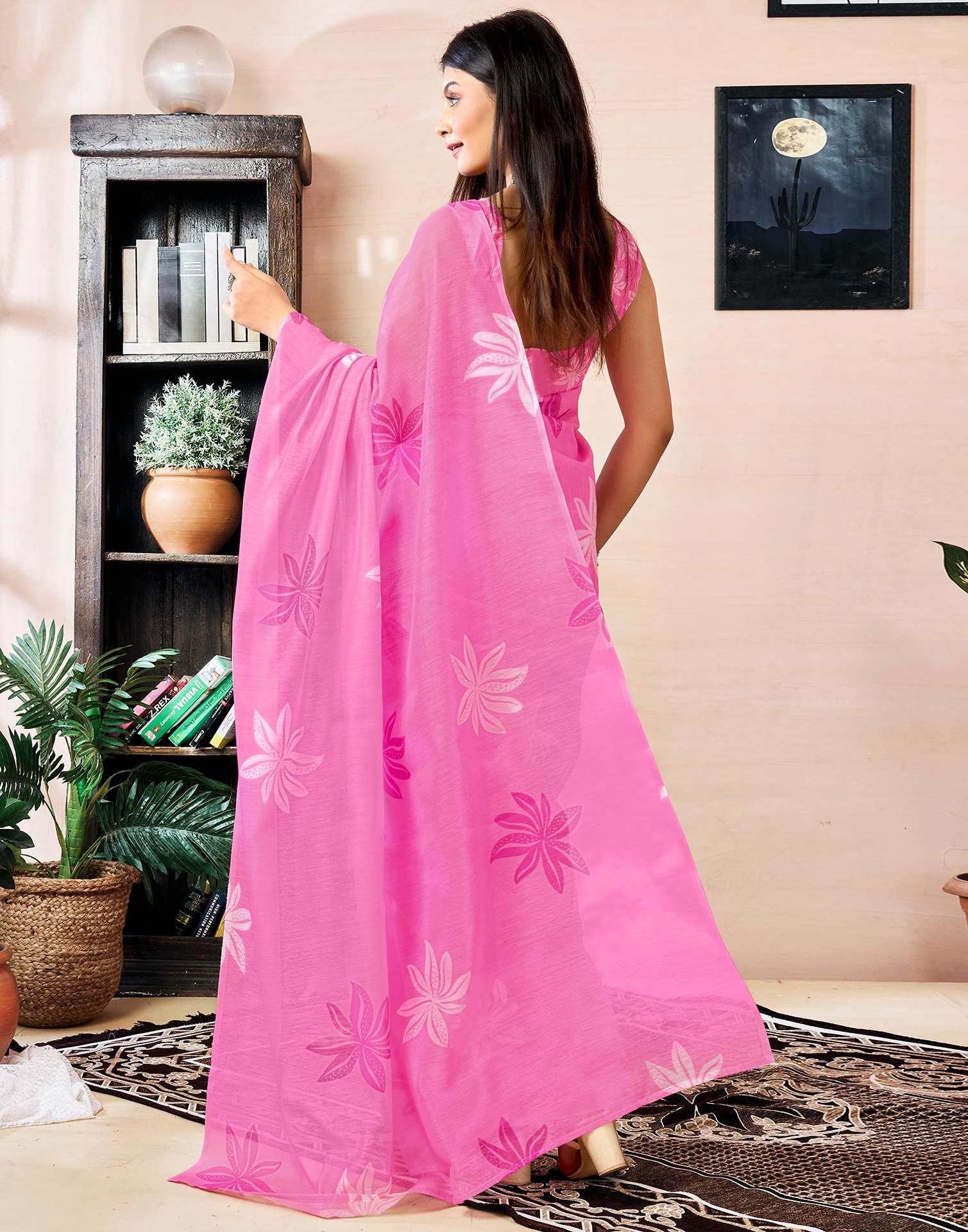 Ready to Wear Pink Chanderi Floral Printed Saree