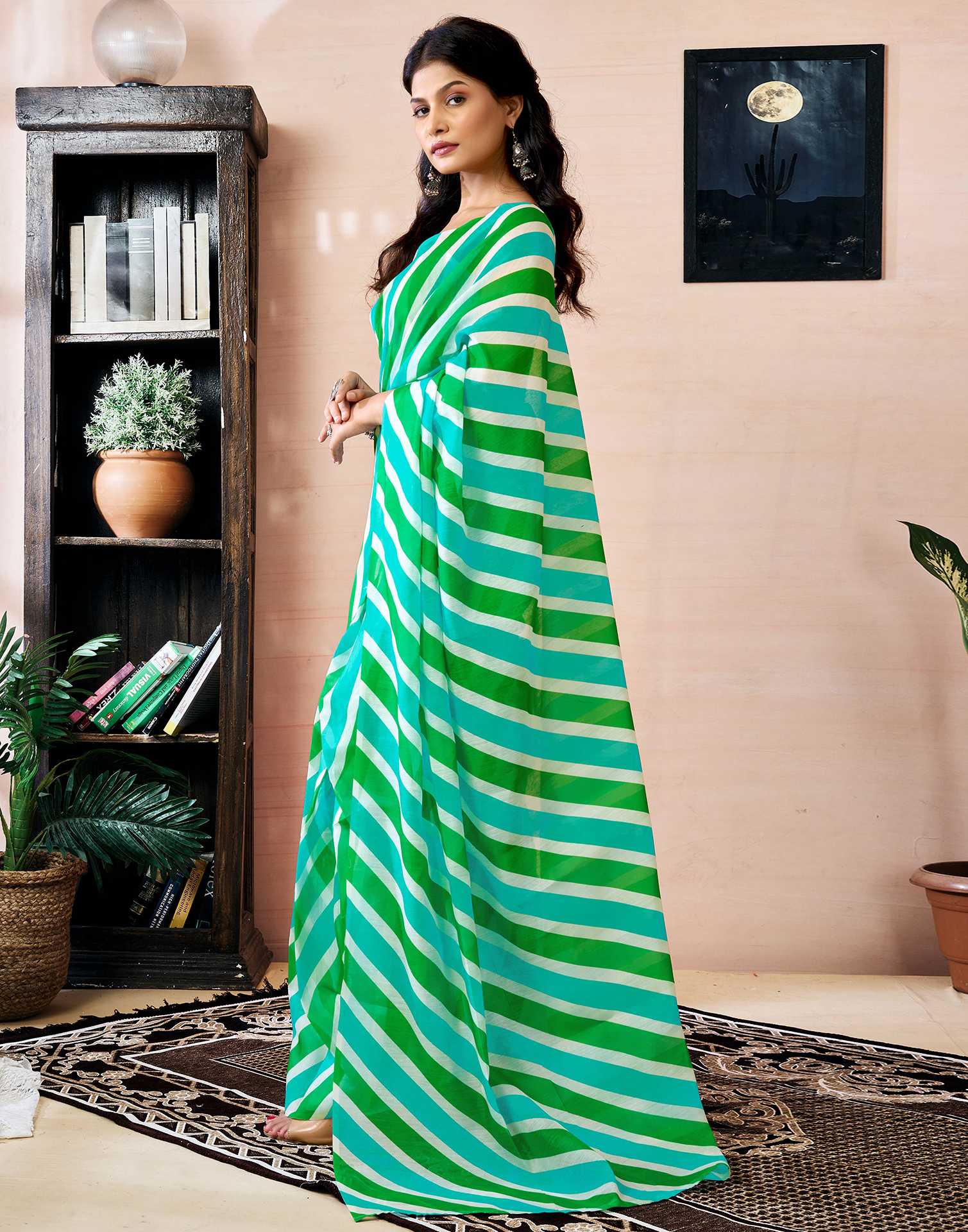 Ready to Wear Green Chanderi Printed Saree