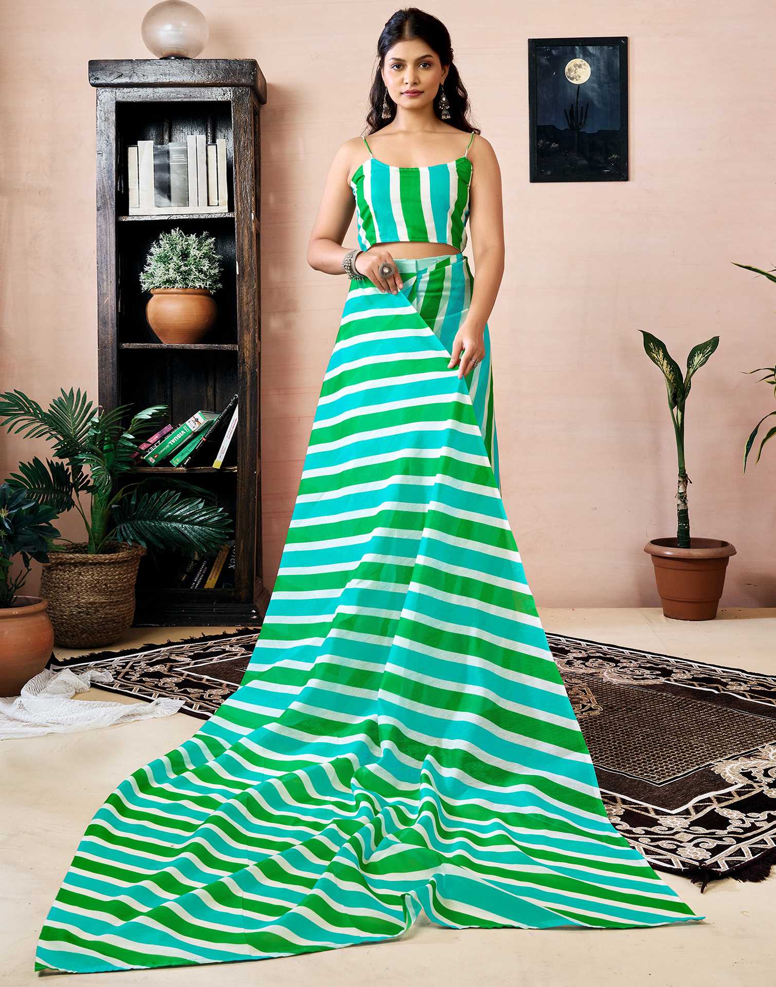 Ready to Wear Green Chanderi Printed Saree