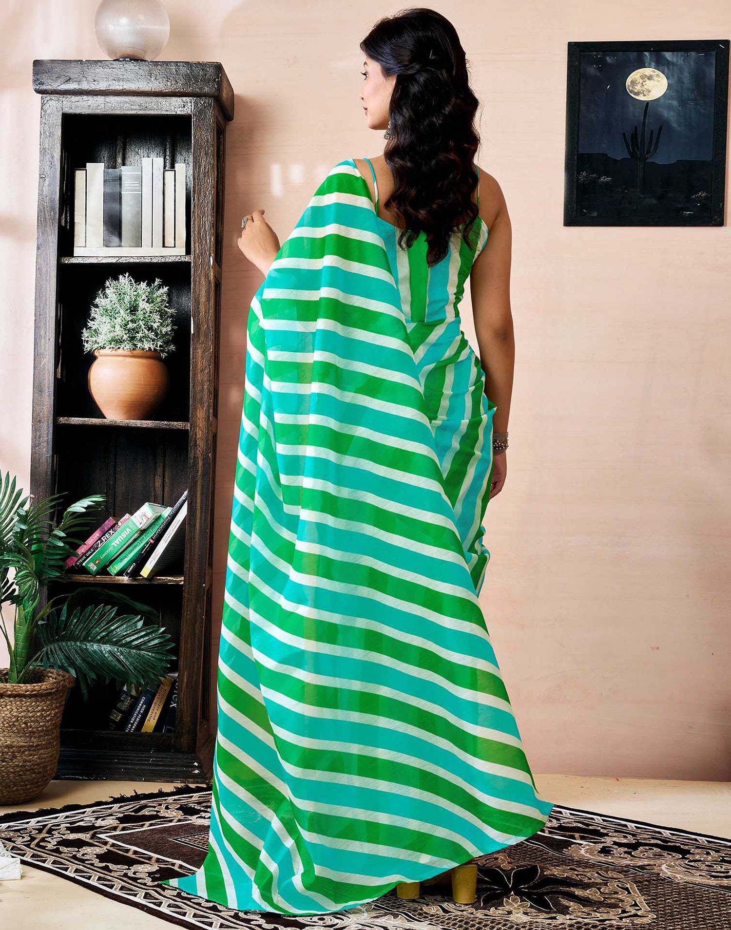 Ready to Wear Green Chanderi Printed Saree