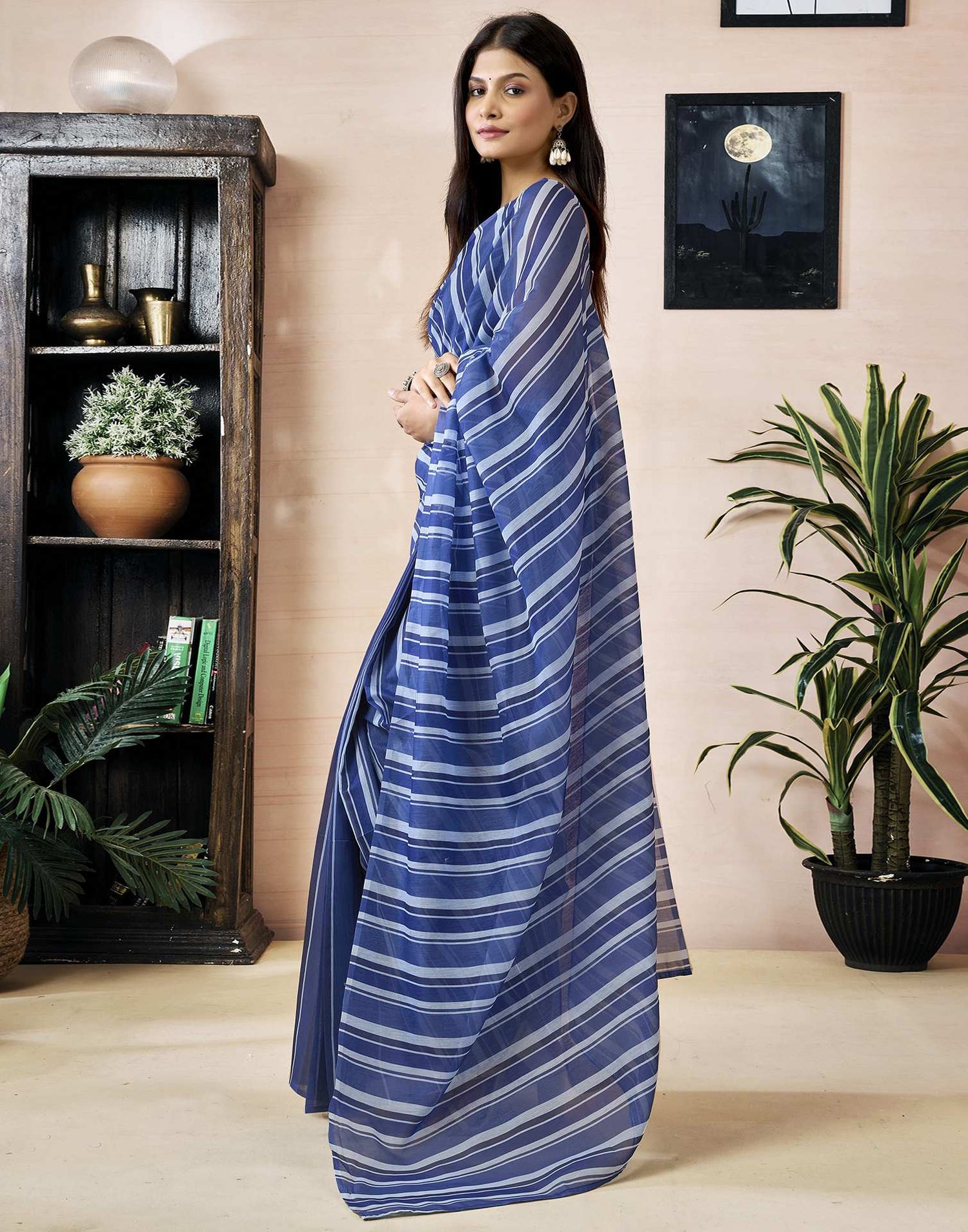 Ready to Wear Blue Chanderi Printed Saree