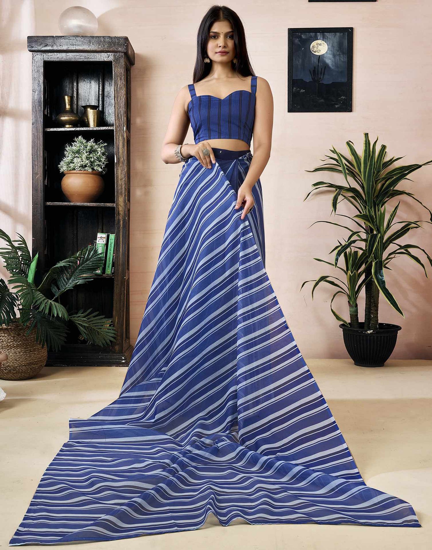 Ready to Wear Blue Chanderi Printed Saree