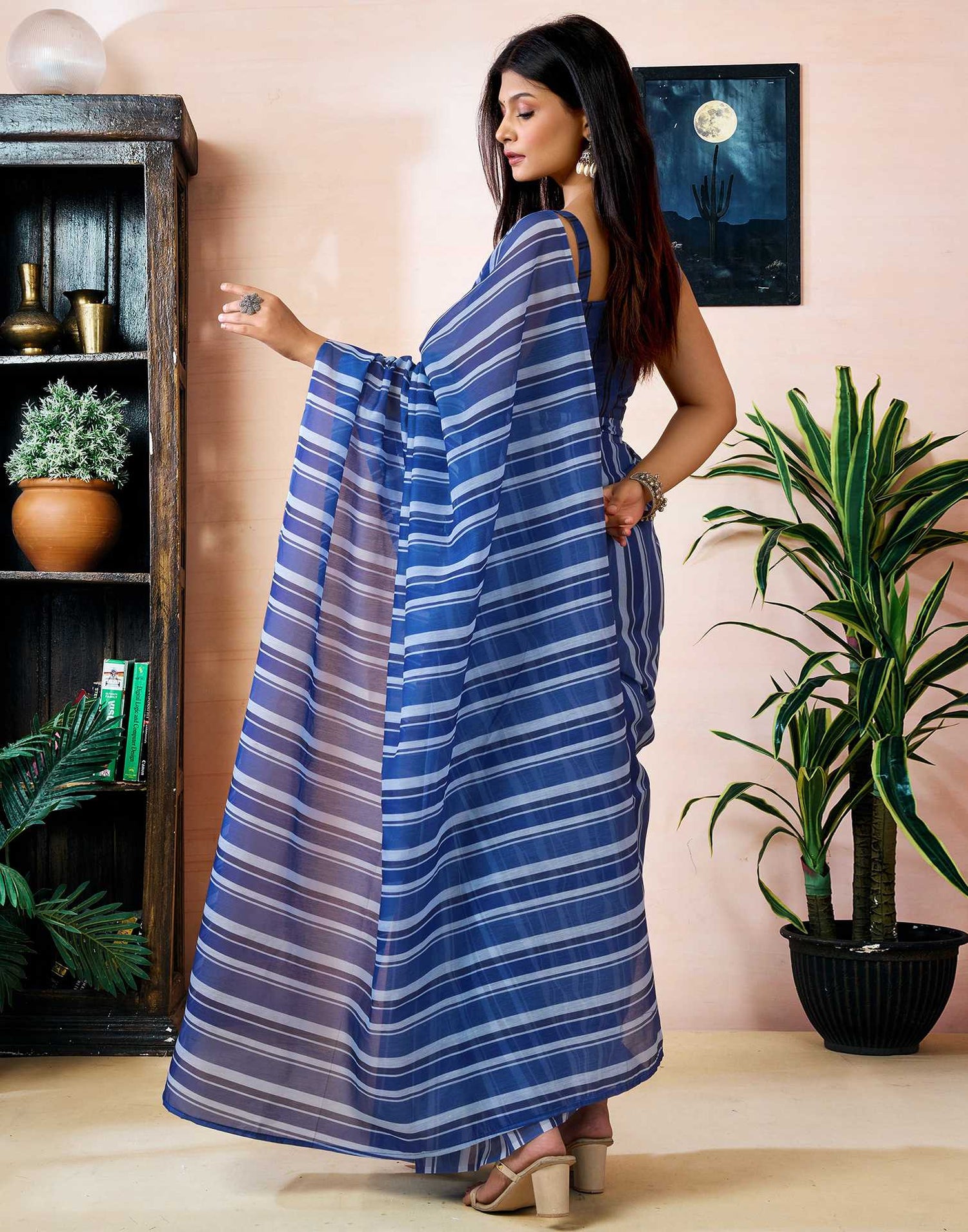 Ready to Wear Blue Chanderi Printed Saree