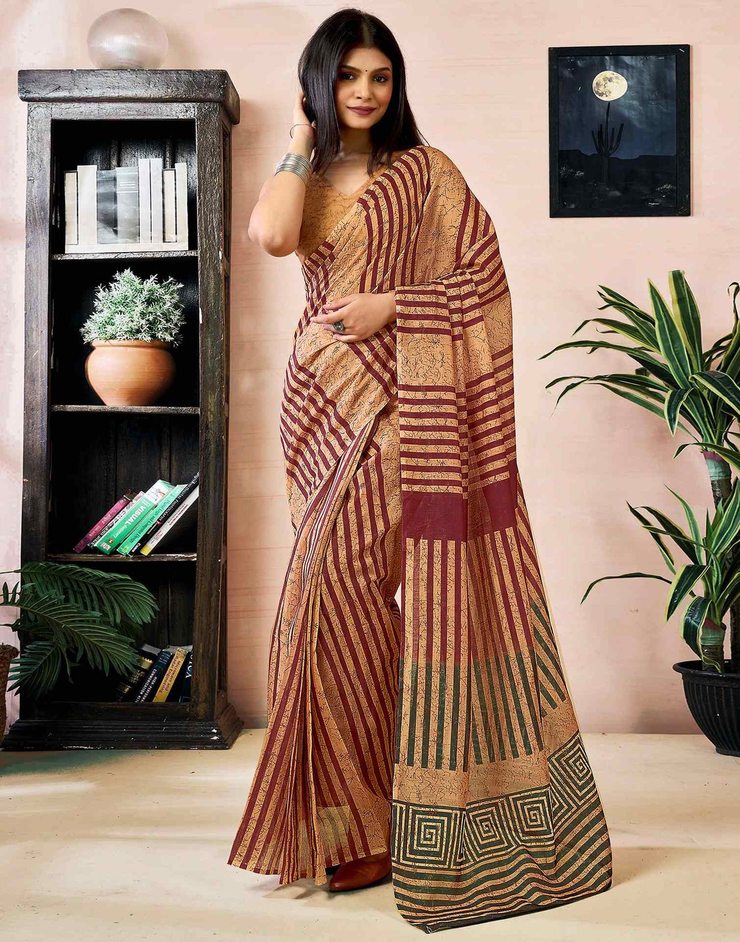 Ready to Wear Light Brown Chanderi Printed Saree