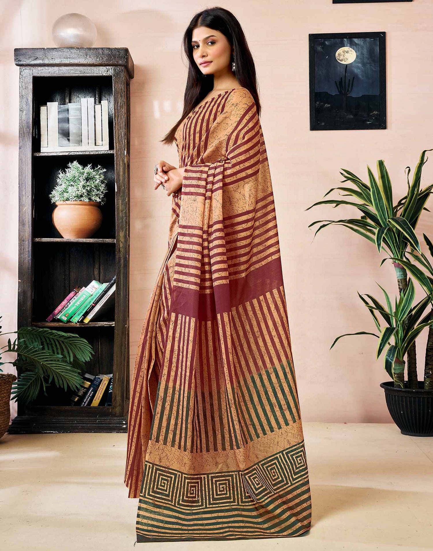 Ready to Wear Light Brown Chanderi Printed Saree